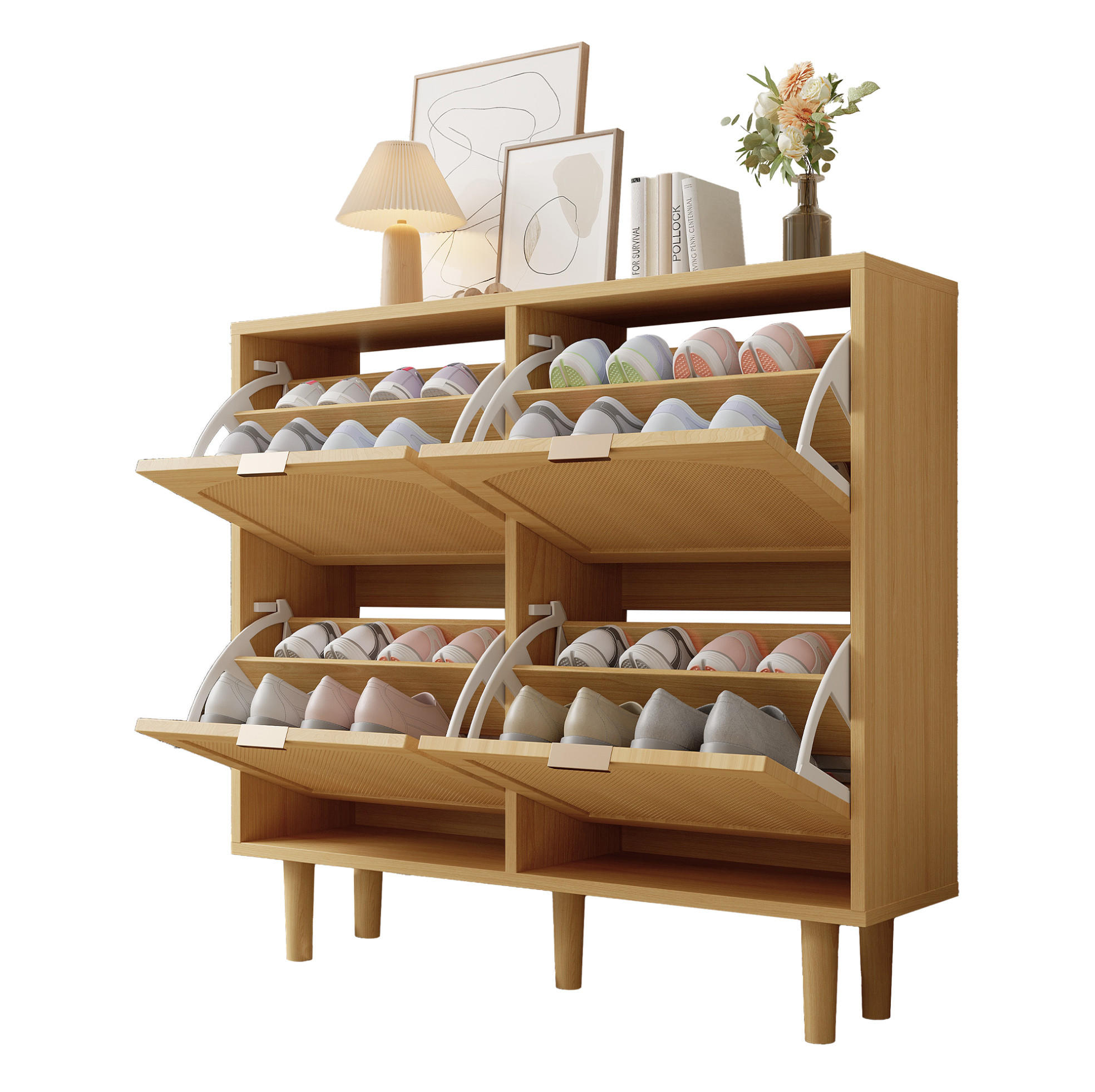 SCHUHSCHRANK mit 4 Klappen 100/25/90 cm in Eichenoptik mit Rattanfront - Naturfarben, Holzwerkstoff (100/90/25cm) - BEAOK