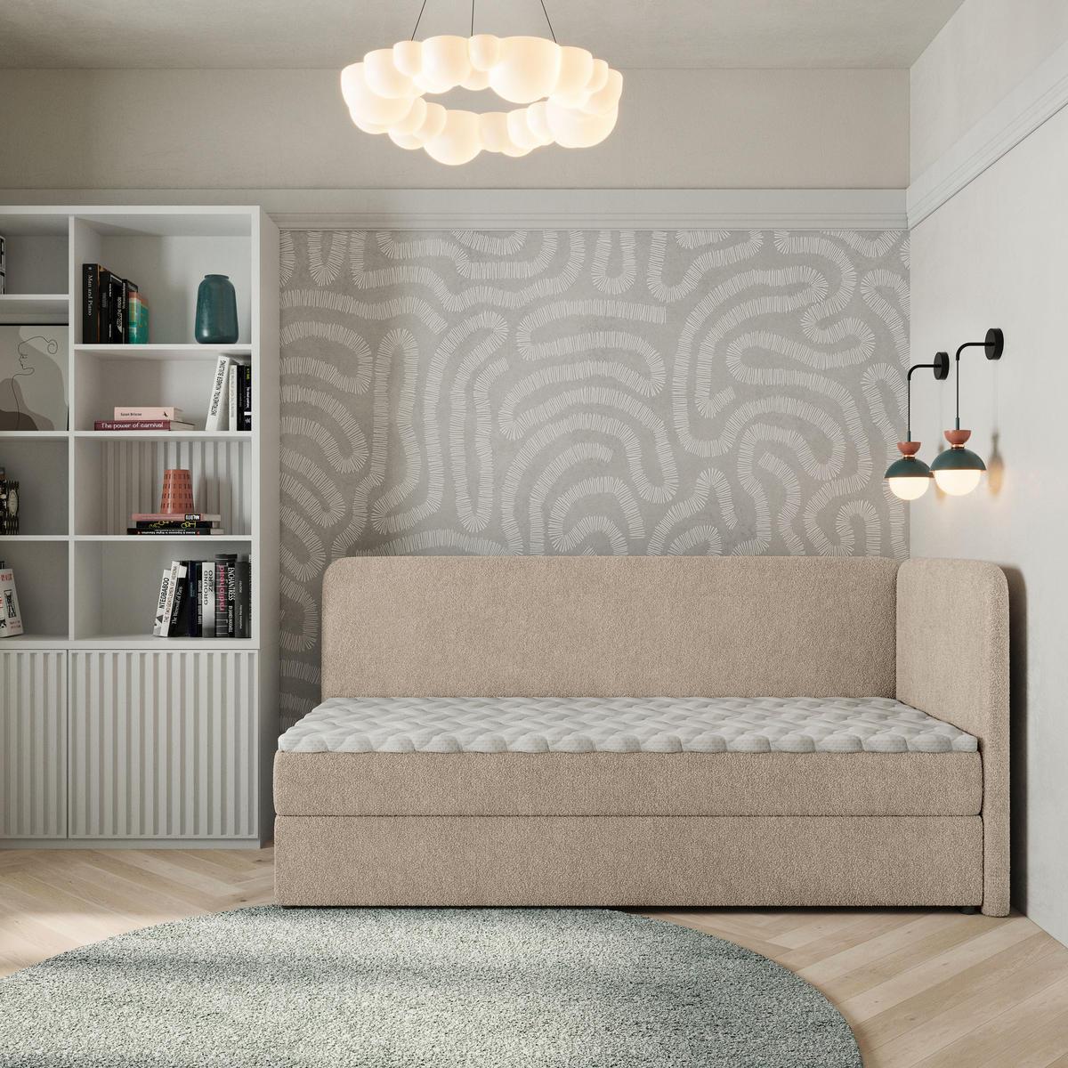 BOXBETT GINA 90x200 cm mit Matratze und Topper, H2+H3 - Beige - Beige, Holz (90/200cm) - MASSENO