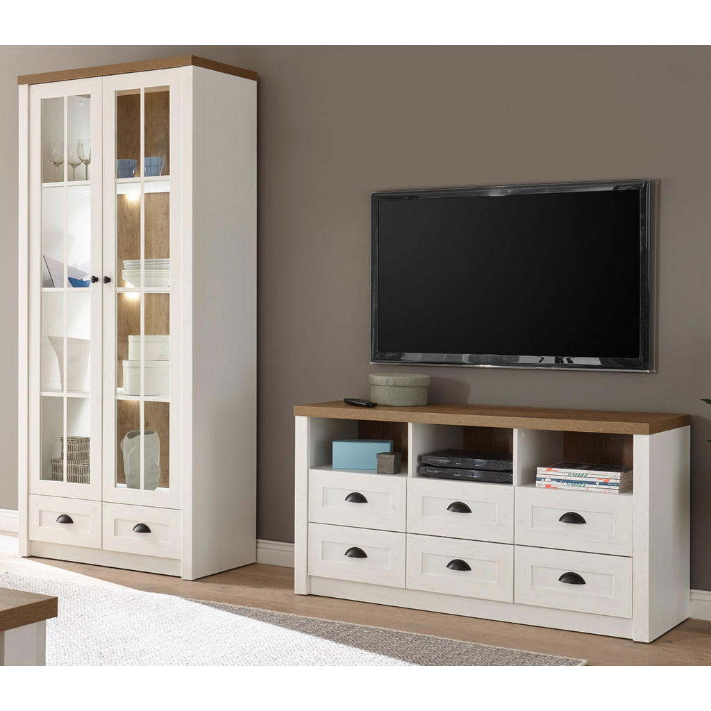 Thumbnail - Furn.Design Wohnwand, Weiß, Eiche, Metall, Nachbildung,Pinie, 2 Fächer, 8 Schubladen, 240x198x43 cm, FSC 100%, Wohnzimme...