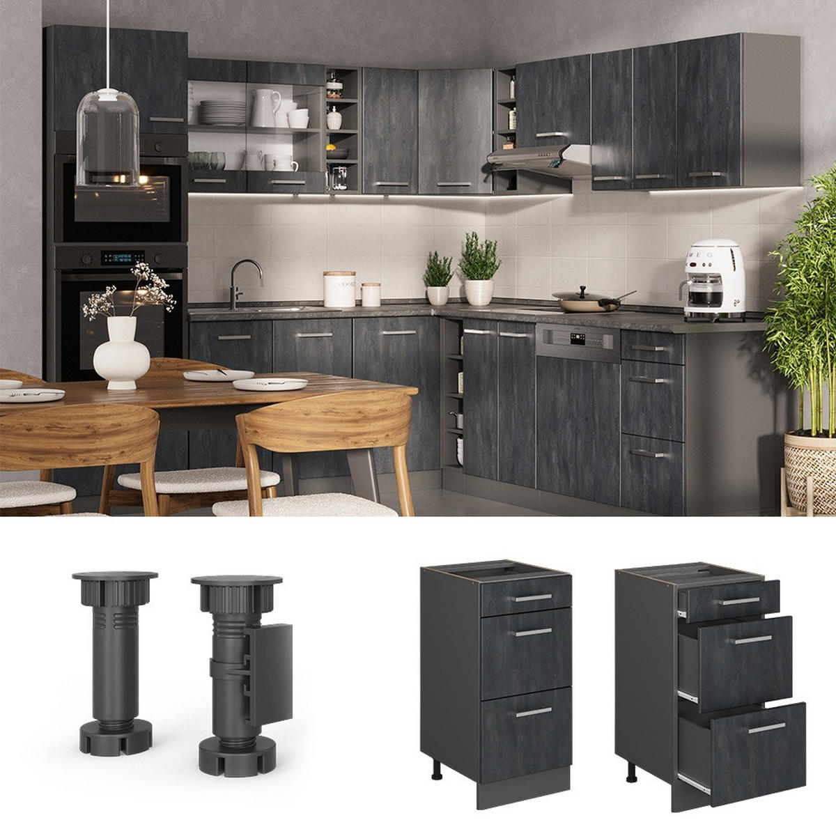 KÜCHENUNTERSCHRANK R-Line Schwarz Beton 40 cm ohne Arbeitsplatte - Anthrazit/Schwarz, Holzwerkstoff (40/81.6/46cm) - Vicco