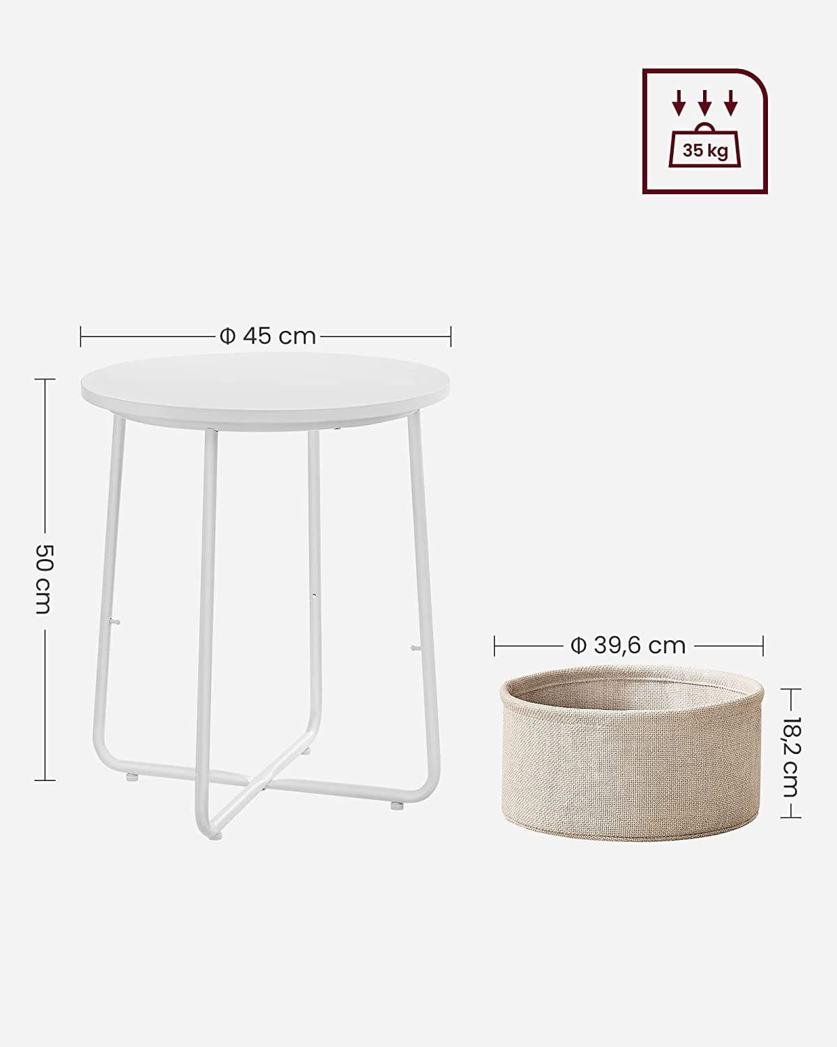 BEISTELLTISCH mit Korb - Weiß, Metall (45/45/50cm) - A2A Home