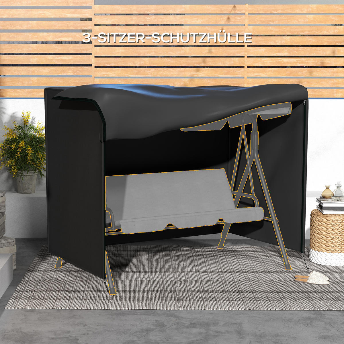 HOLLYWOODSCHAUKEL mit Abdeckung aus Polyester 205x124x164 cm Schwarz mit Reißverschluss - Schwarz, Textil (124/164/205cm) - Modfu