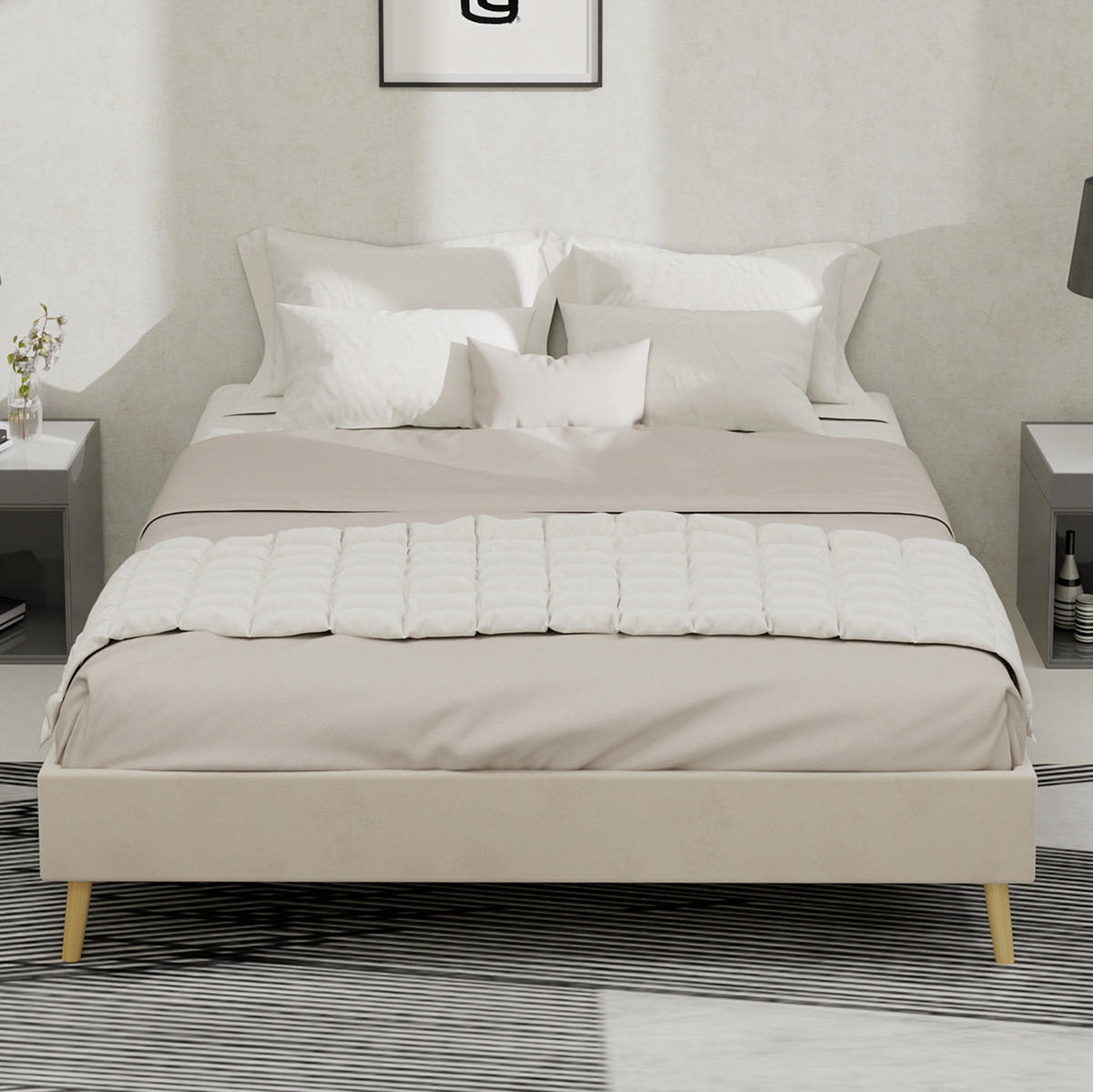 POLSTERBETT 140/200 cm beige aus Stoff und Metall mit verstellbarer Rückenlehne - Beige, Textil (140/200cm) - OKWISH