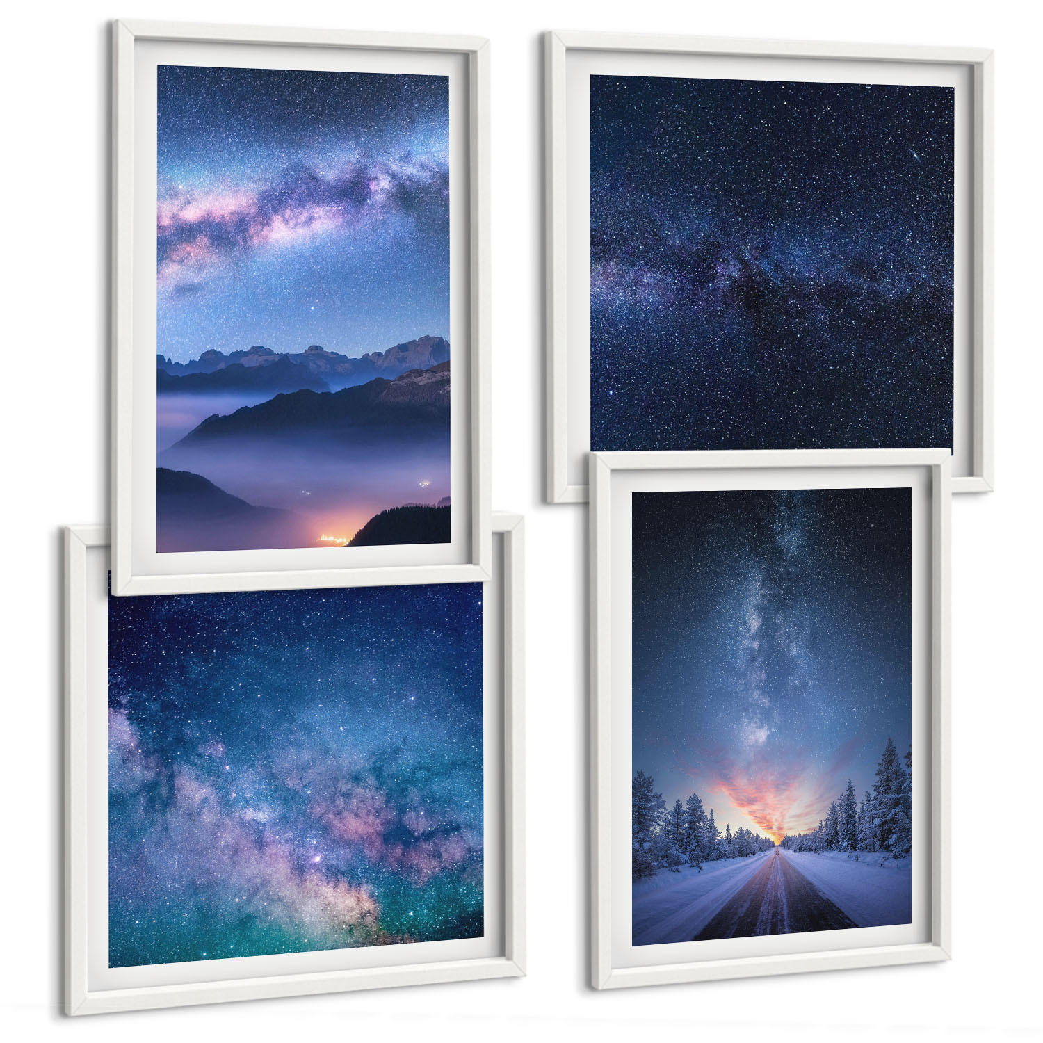 BILDER SET 4er Set - 50x50 cm & 40x60 cm Weißer Rahmen - Nachthimmel, Berge, Winter, Weltraum - Weiß, Kunststoff (50/50cm) - TULUP