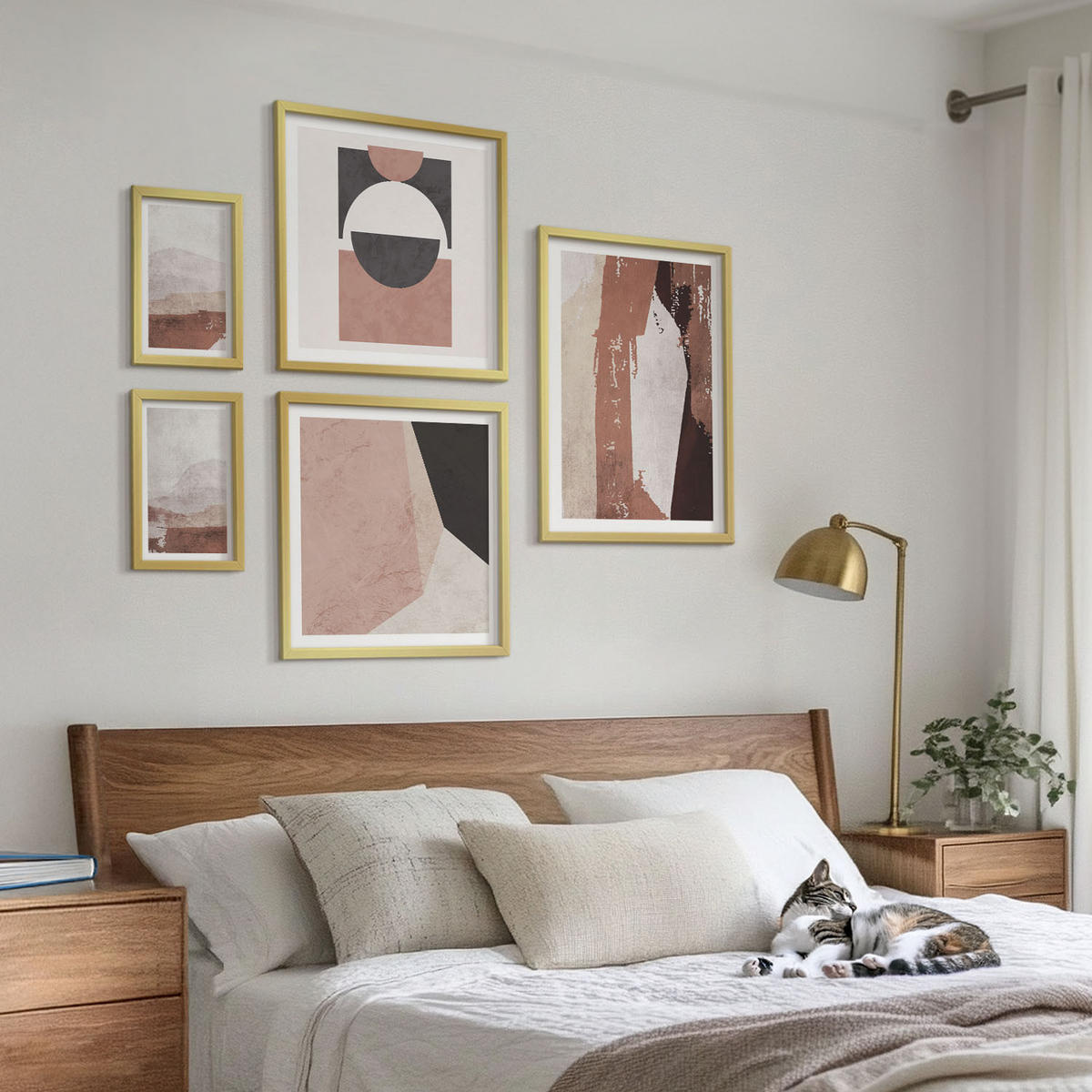 BILDER SET 5er Set - 50x50 cm & 20x30 cm & 40x60 cm Goldrahmen - Abstrakte braune Muster - Goldfarben, Kunststoff (40/60cm) - TULUP