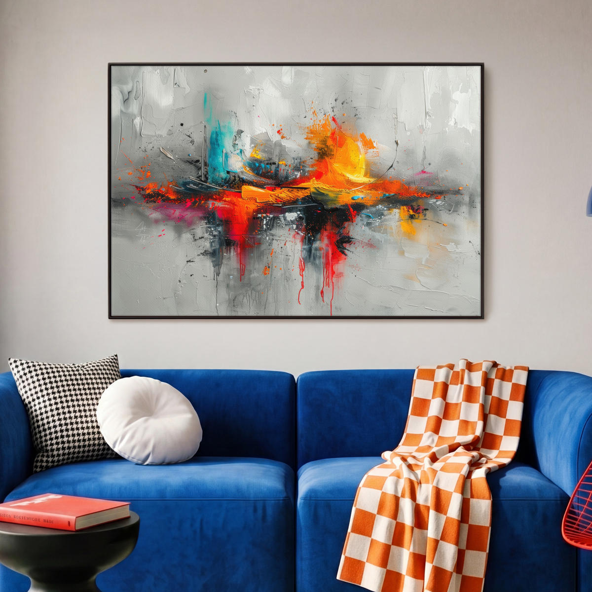 LEINWAND Bilder mit Rahmen - Moderne Kunst - Orange - Grau - Abstrakt - 90x60 - Hellgrau, Textil (90/60cm) - MuchoWow