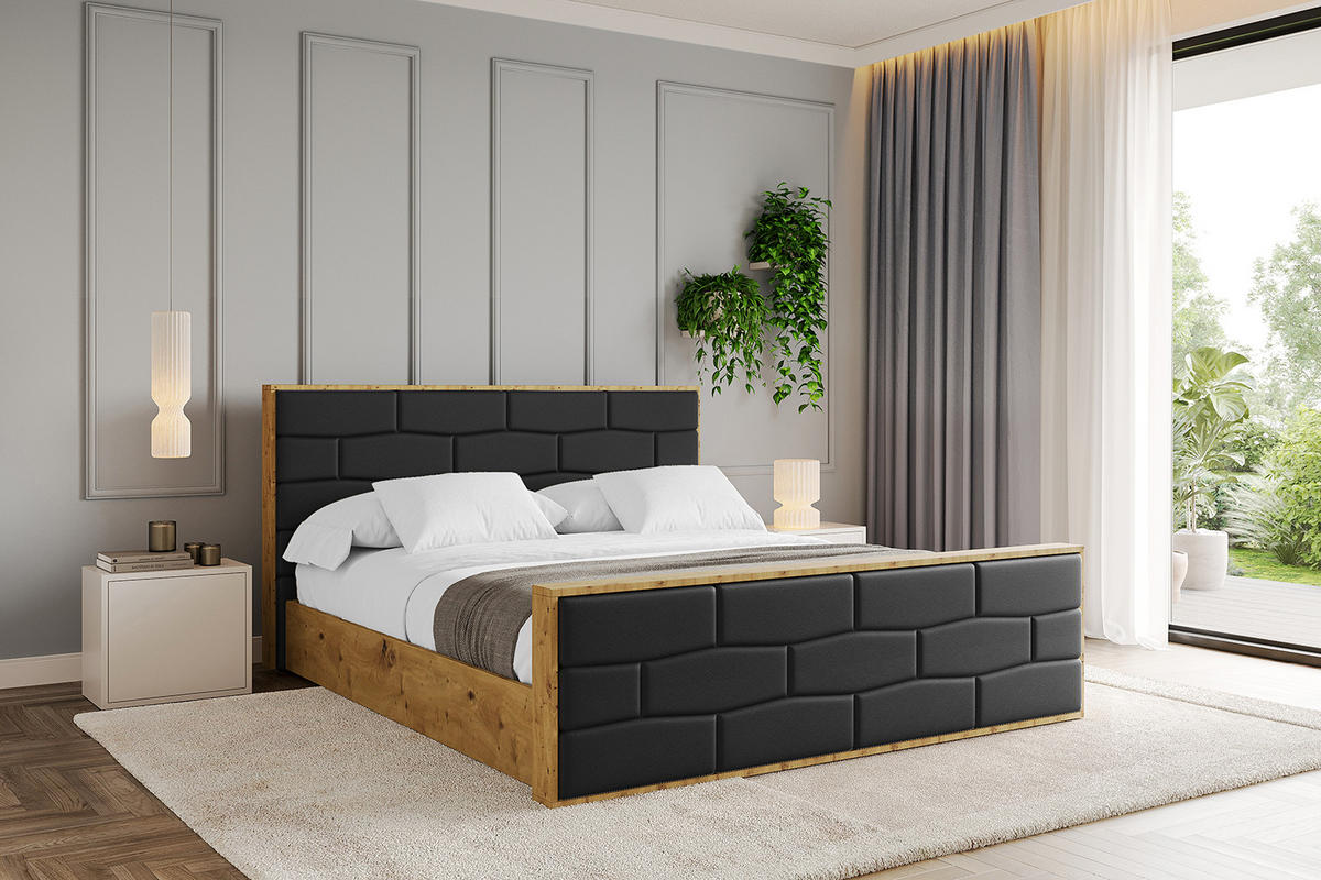 POLSTERBETT mit Bettkasten, Fußteil und Lattenrost, Boxbett mit Matratze H3/H4 - ENZO8-Z 160x200 Schwarz Kunstleder - Schwarz Hochglanz, Holzwerkstoff/Textil (160/200cm) - ALTDECOR