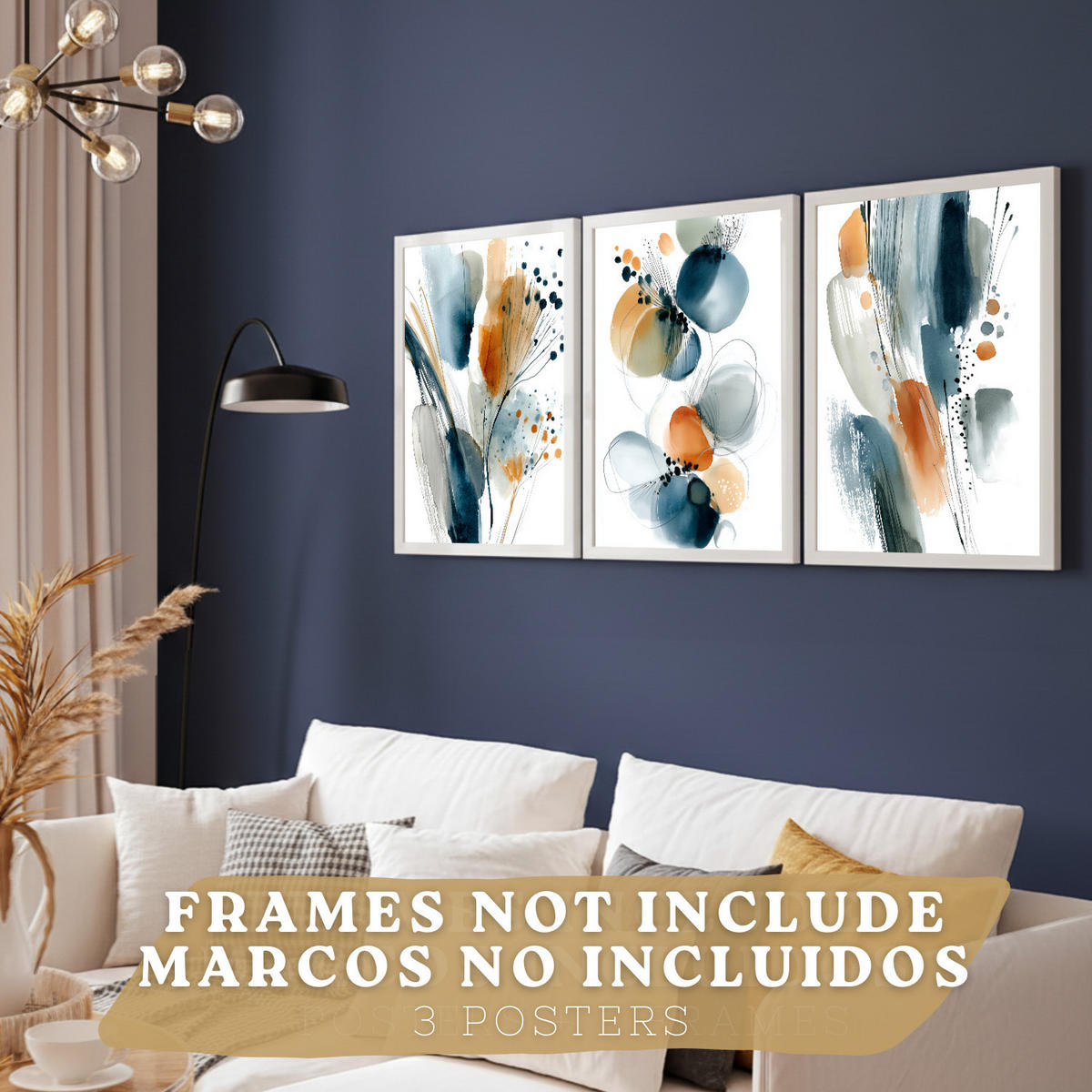 PLAKAT Sada 3 dekorativních nástěnných tisků Abstraktní akvarelové obrazy,oranžová. Moderní malby do obývacího pokoje. Velikost A3 bez rámu - čirá, papír (29.7/42/3cm)