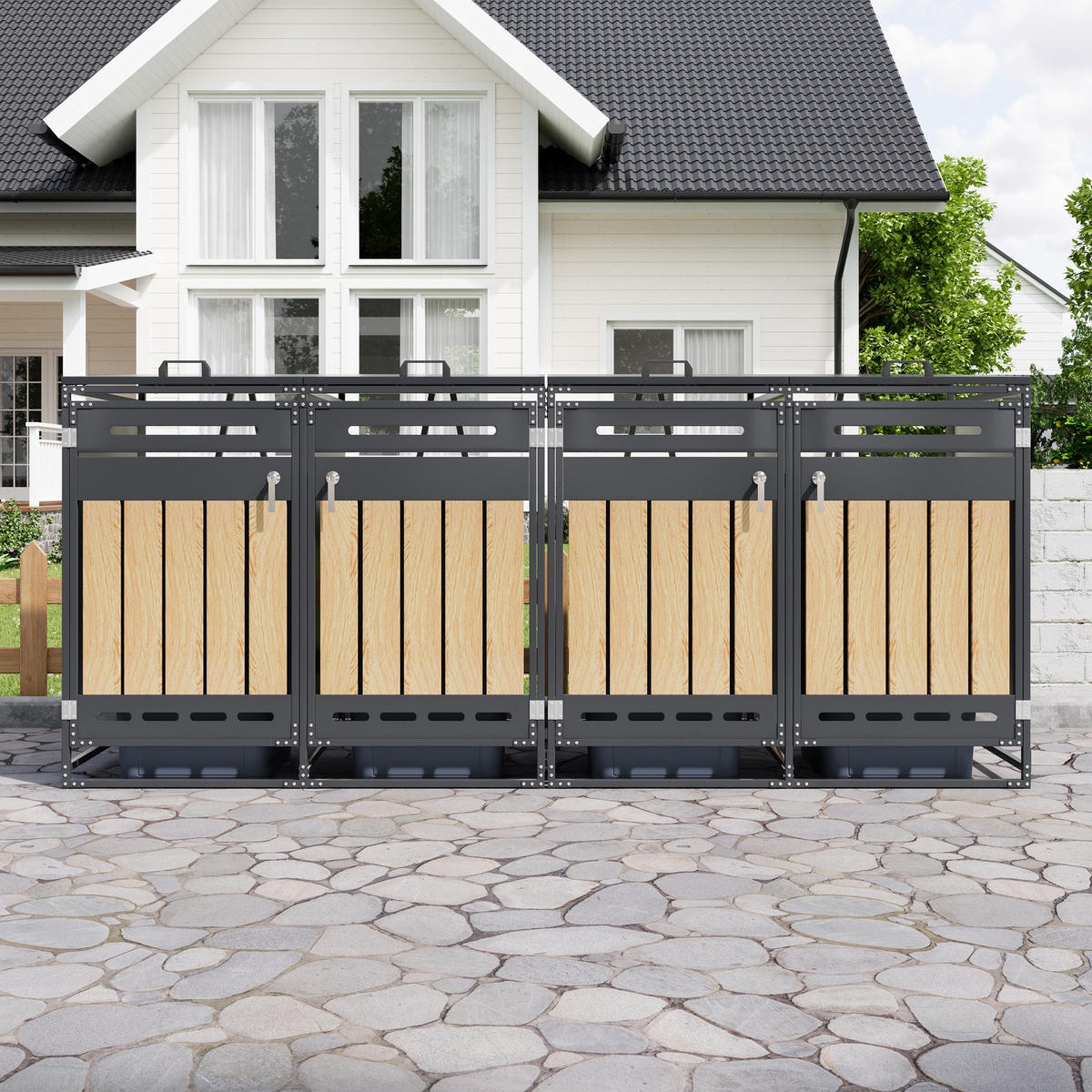 MÜLLTONNENBOX 4er Set Hydraulik Deckel Holzoptik Schloss - Schwarz, Metall (262/116/79cm) - LEBENLANG