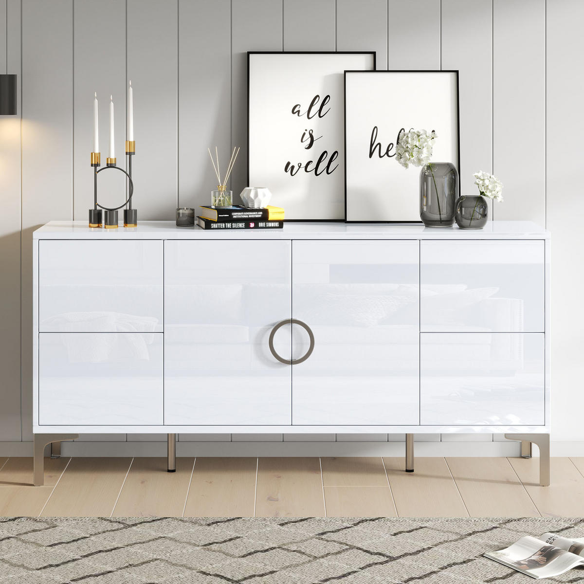 SIDEBOARD 150/38/59,5 cm Weiß aus MDF mit 4 Schubladen - Weiß, Holzwerkstoff (150/59.5/38cm) - OKWISH