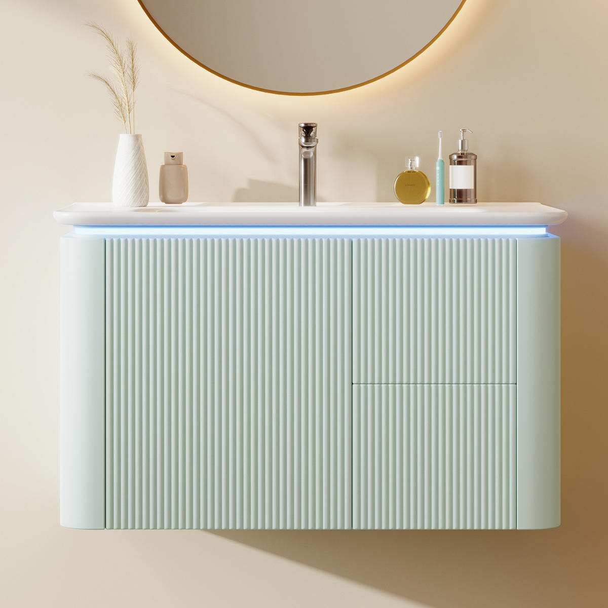 WASCHTISCHKOMBI 80,5/47,5/51 cm in Grün mit LED-Sensorleuchte und 4 Schubladen - Grün, Holzwerkstoff (80.5/51/47.5cm) - BEAOK