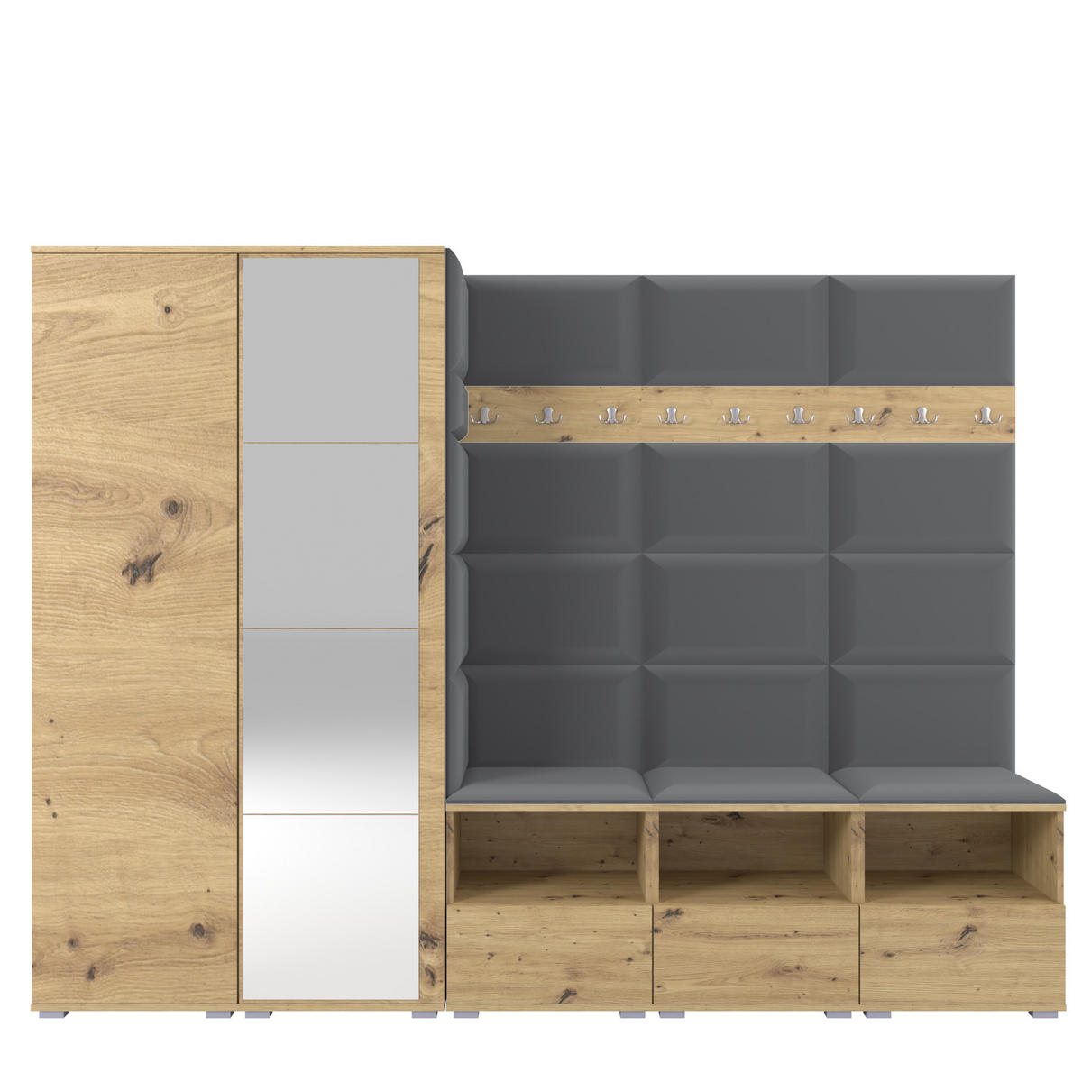 GARDEROBE NELA VII 250 cm (Modulare Flurmöbel XL Artisan Eiche mit Spiegel & Sitzpolster Dunkelgrau 15 Universell) - Dunkelgrau/Silberfarben, Holz/Holzwerkstoff (250/187/40cm) - Ravio