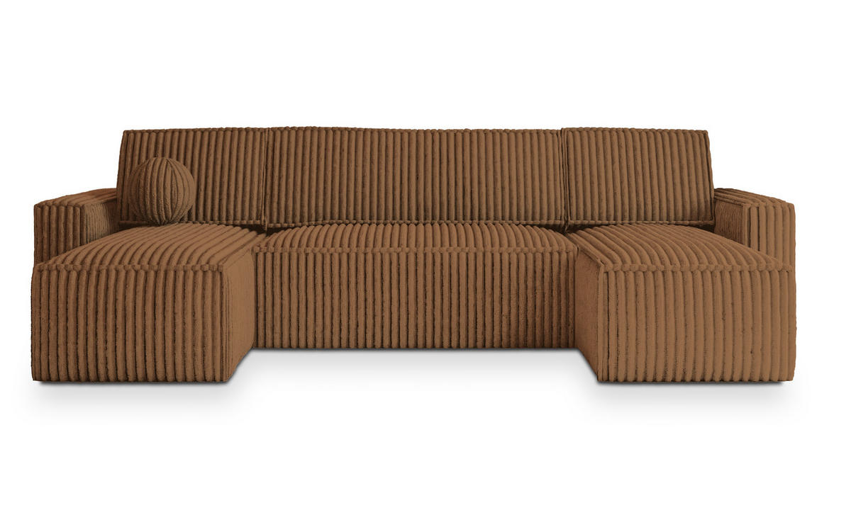 WOHNLANDSCHAFT PESANO T Kupferfarben Kordstoff mit Schlaffunktion - Kupferfarben, Holz (306/85/140cm) - MASSENO