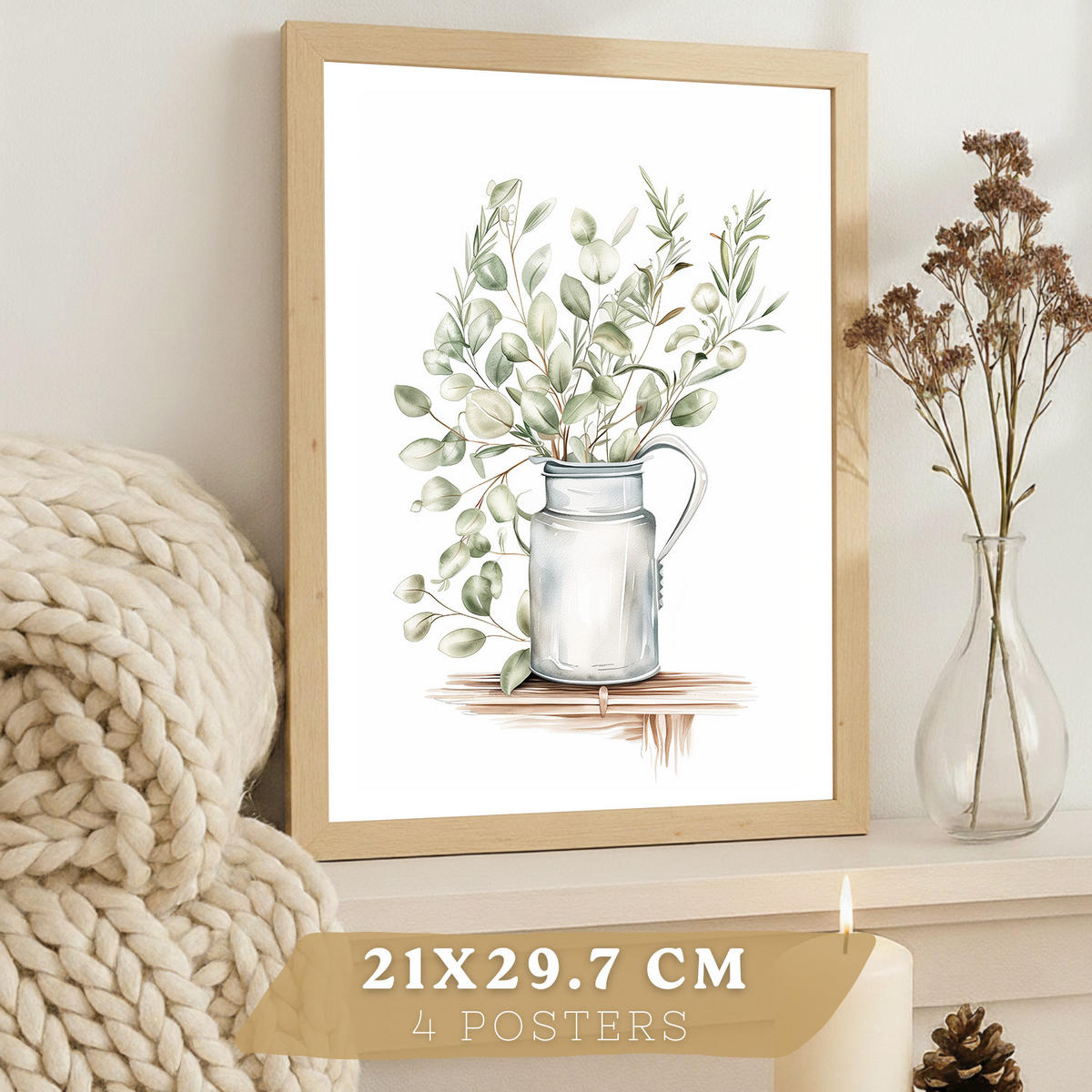PLAKAT Sada 4 dekorativních nástěnných tisků, Botanická kuchyně. Bohémský venkovský styl. Rustikální kuchyně. Velikost Světlý dřevěný rám A4 - béžová, papír (21/29.7/3cm) - Nacnic