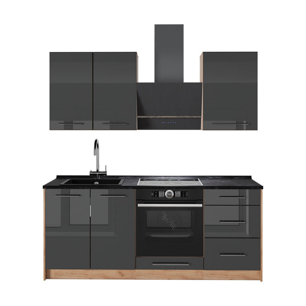 ENKELKÖK Fame-Line, Antracit högblank/Goldkraft ek, 190 cm, AP Antracit - Honungsek/Svart högglans, Träbaserade material (190/206.8/60cm) - Vicco