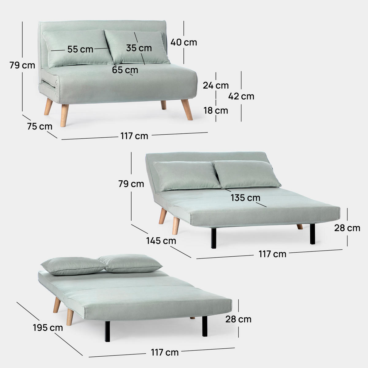 SCHLAFSOFA Noa Grün 117 cm x 79 cm - Grün, Textil (117/79/75cm) - Klast Home