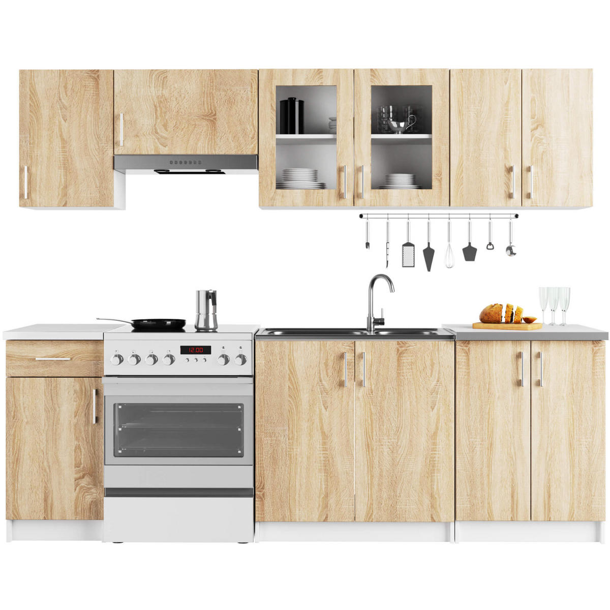 KÜCHENVITRINE Weiß, Sonoma Eiche 80x30,5x58 cm - Silberfarben/Weiß, Glas/Holzwerkstoff (80/58/30.5cm) - Akord