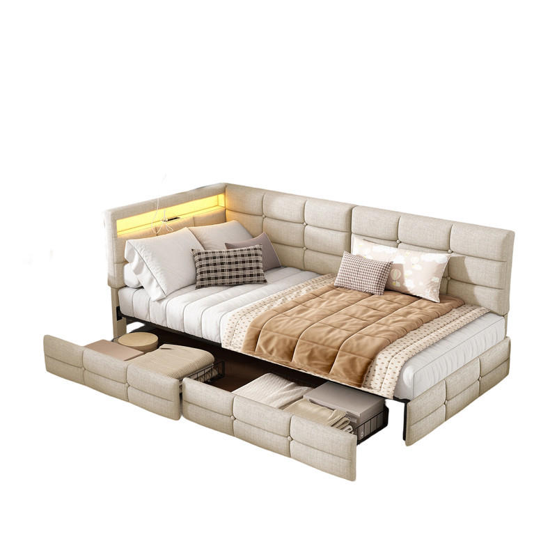 SHOPENTRA ČALOUNĚNÁ postel 90/200 cm béžová se zásuvkami, LED a USB