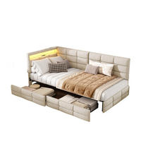 POLSTERBETT 90/200 cm beige mit Schubladen, LED und USB - Beige, Holz - SHOPENTRA