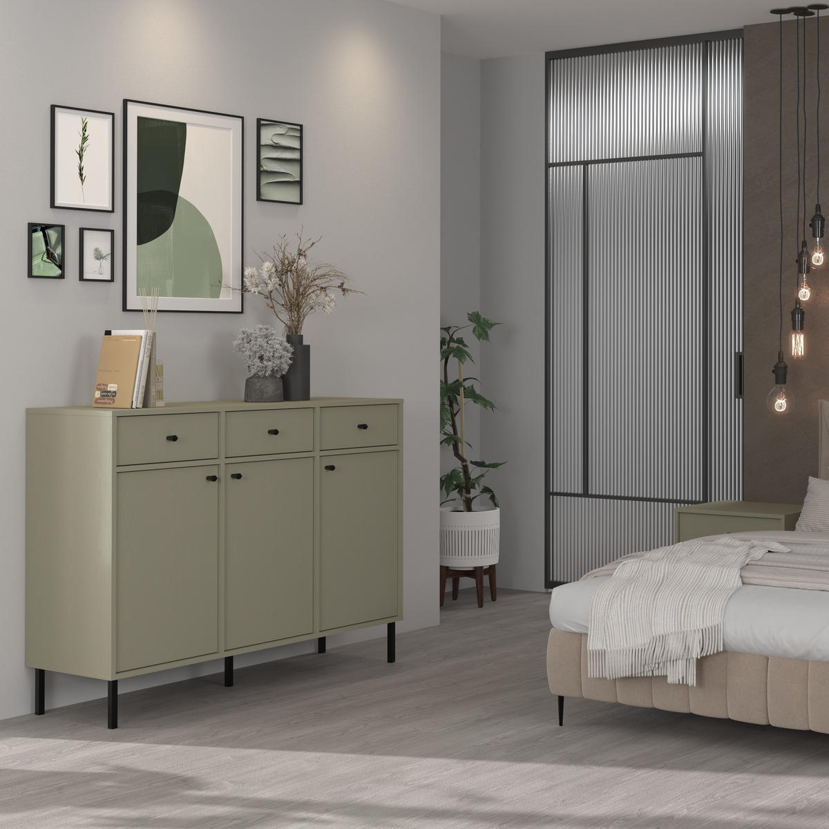 KOMMODE TORINO 125/95/41 cm mit 3 Schubladen 3 Türen Hellgrün - Hellgrün, Holzwerkstoff (125/95/41cm) - MASSENO
