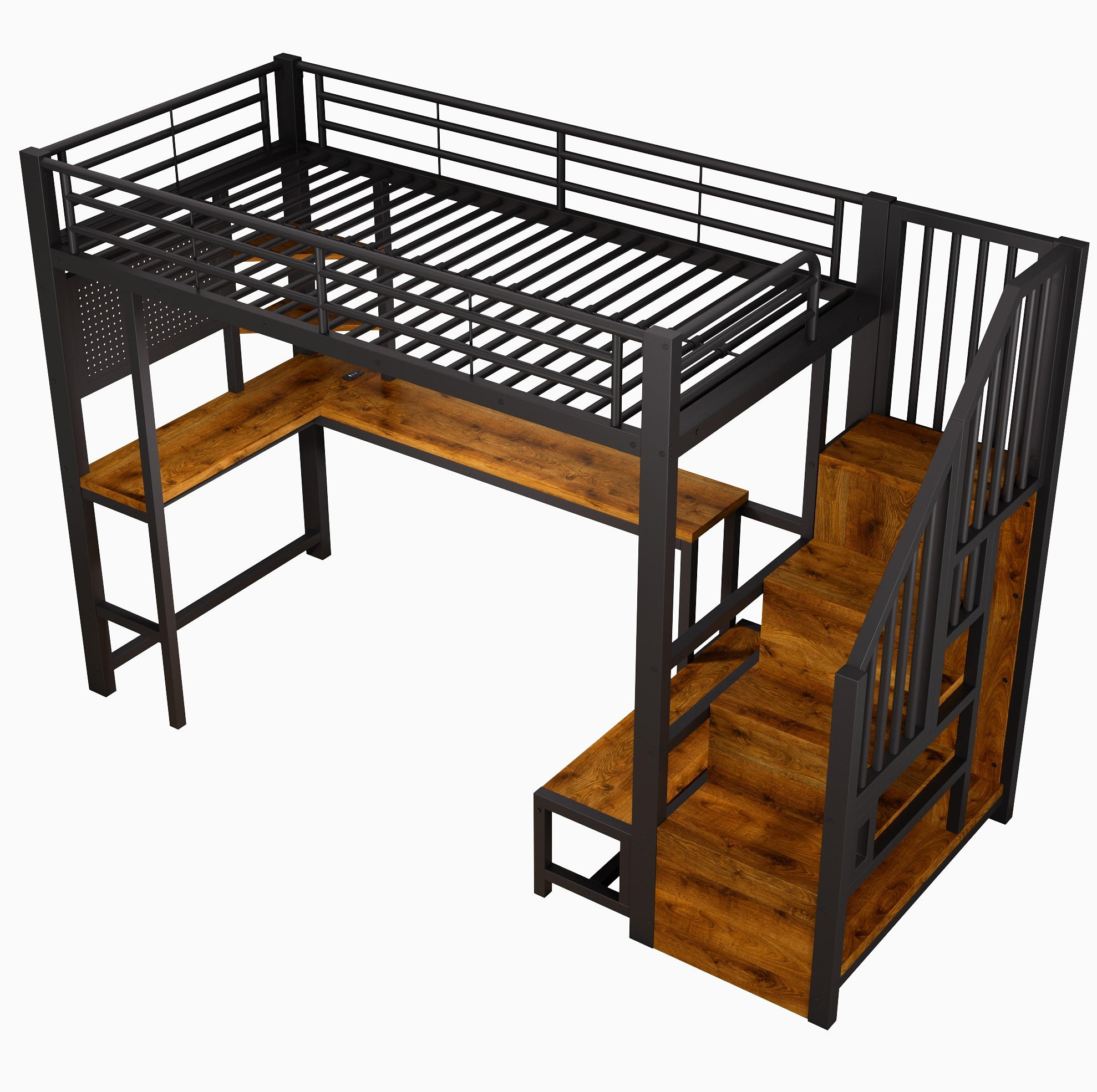 HOCHBETT Metall/MDF 90x200 cm Schwarz mit Schreibtisch, Stauraumtreppe, LED, USB & USB-C - Schwarz, Holzwerkstoff (90/200cm) - Modfu