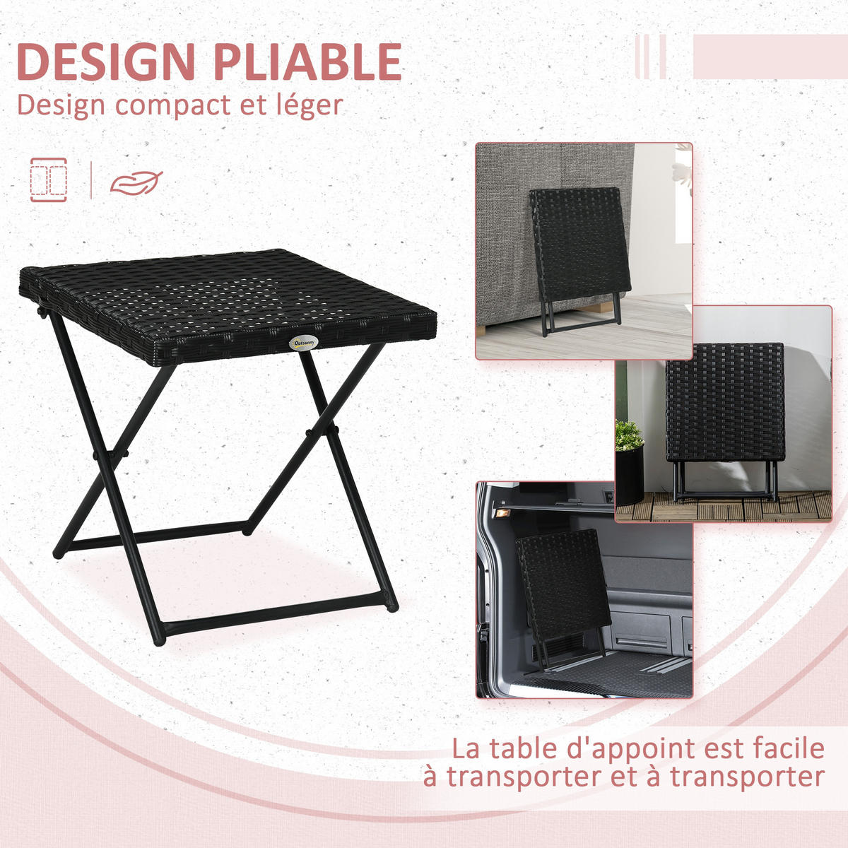 GARTENBEISTELLTISCH DE-13616 klappbar, quadratisch Schwarz - Schwarz, Kunststoff/Metall (40/40/40cm) - ComfortXL