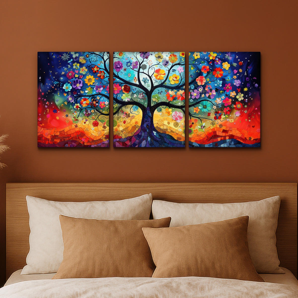 LEINWANDBILD 3er Set Bunt - Baum des Lebens - Blumen - Abstrakt 90x40 cm - Blau, Textil (90/40cm) - MuchoWow