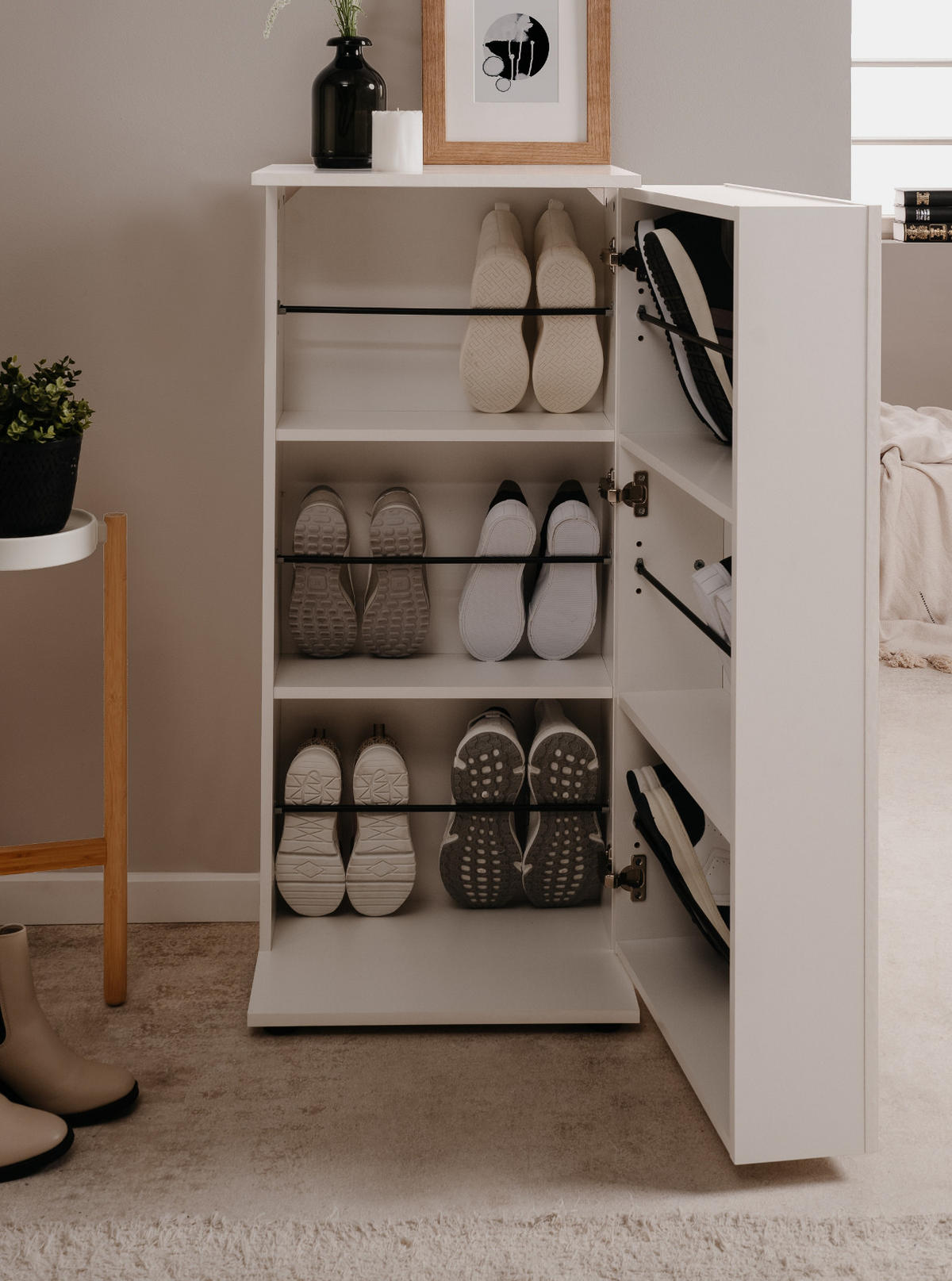 SCHUHSCHRANK weiß 50 cm, Schuhkommode aufklappbar für 12 Paar Schuhe - Silberfarben/Schwarz, Holzwerkstoff/Kunststoff (50/110/34cm) - Furn.Design