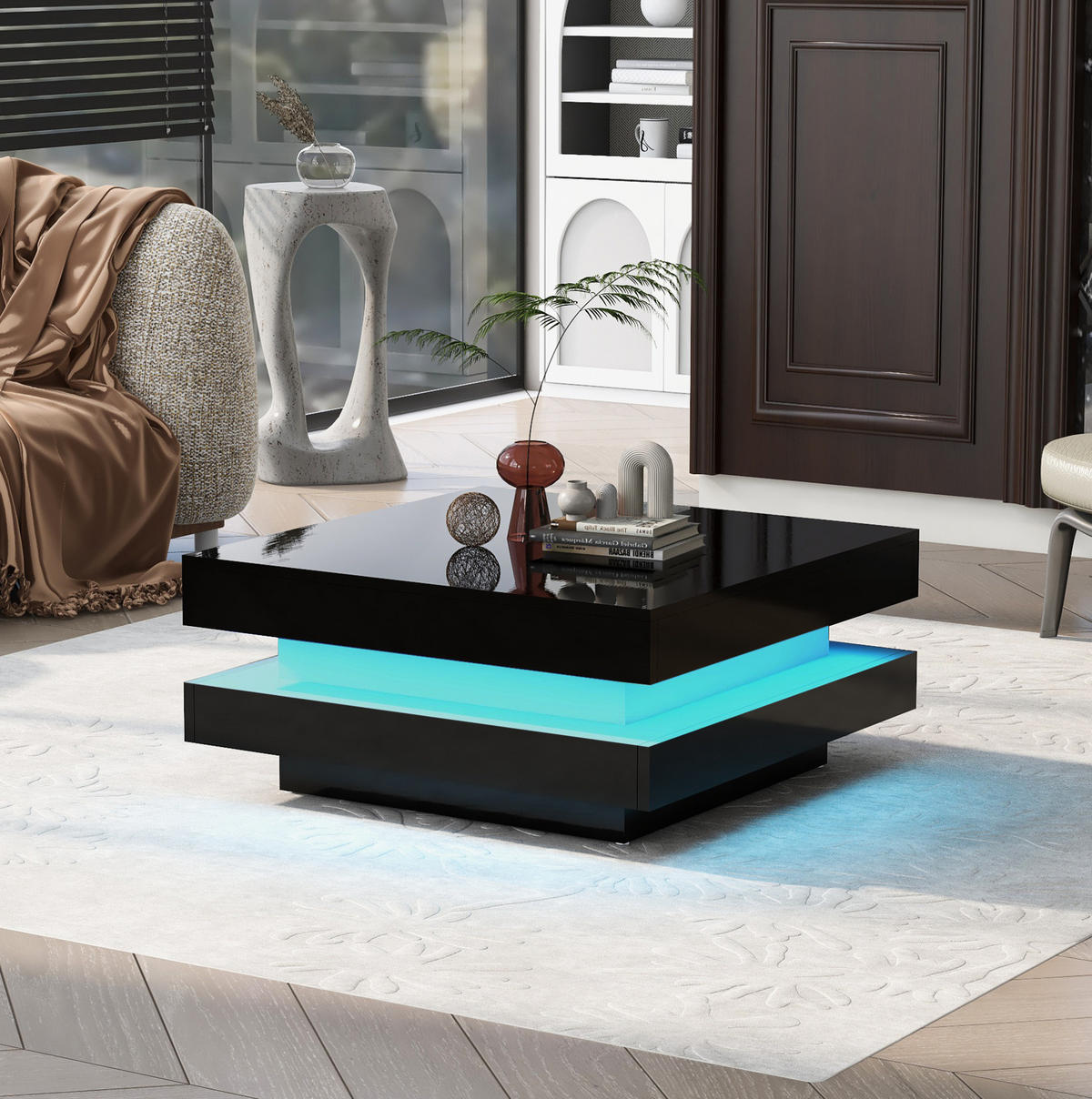 COUCHTISCH 70/70/36 cm Schwarz mit LED-Beleuchtung und Bluetooth-App-Steuerung - Schwarz, Holzwerkstoff (70/70/36cm) - OKWISH