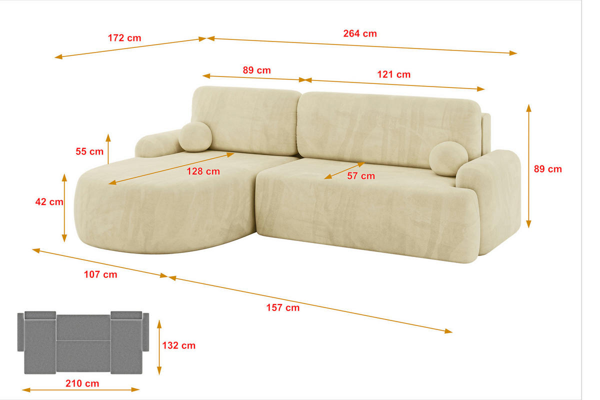 ECKSOFA mit Schlaffunktion und Bettkasten LIRA-L - 264x172x89 Beige - Beige, Holzwerkstoff/Textil (264/172cm) - ALTDECOR