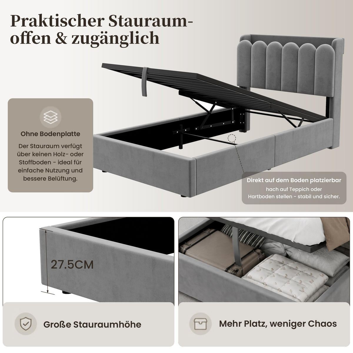 POLSTERBETT 90/200 cm in Grau mit Bettkasten, Kopfteil, USB-, Type-C-Ladestation und Leselampe aus Samt - Grau, Holzwerkstoff/Textil (90/200cm) - STILVORA
