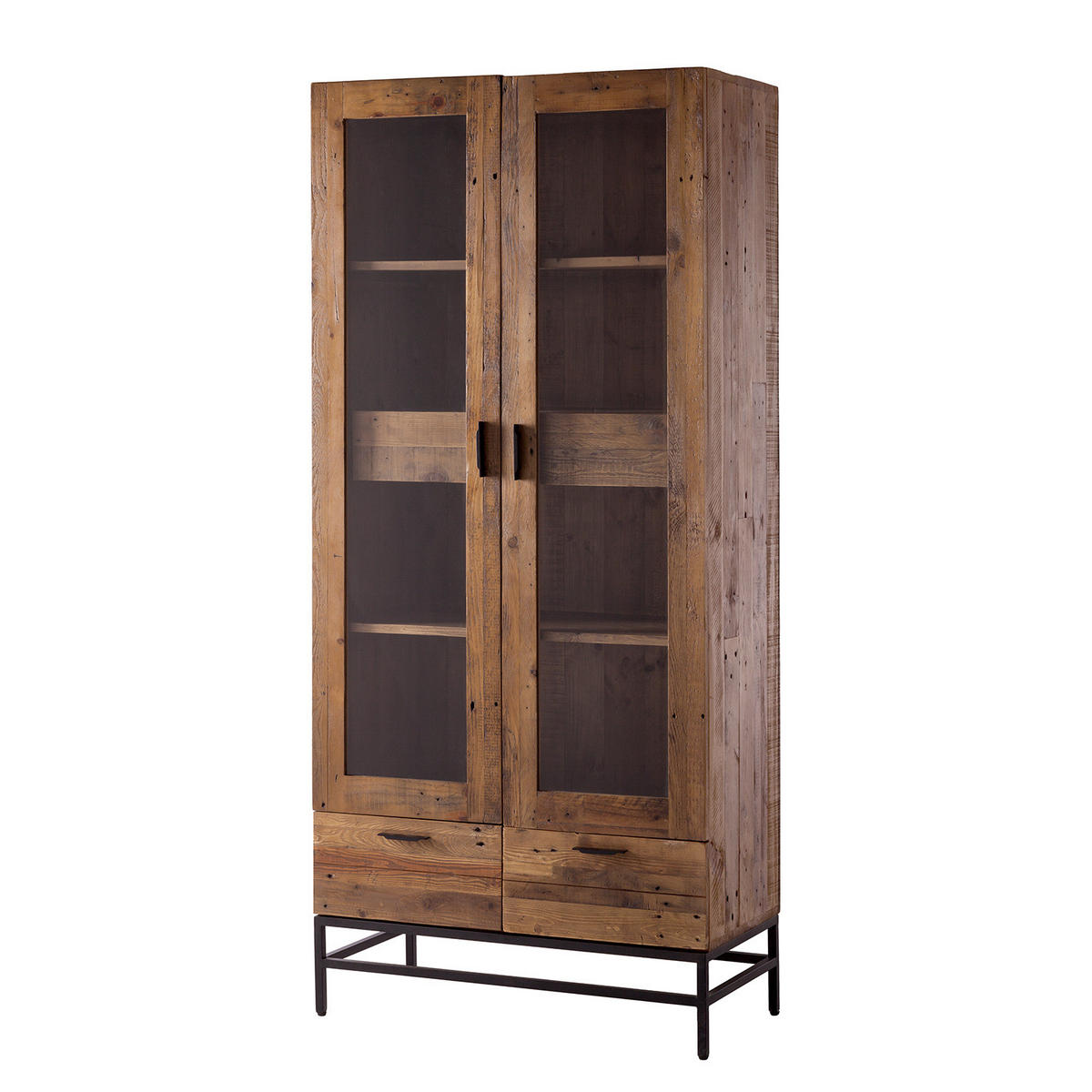 VITRINENSCHRANK - Pinie massiv / Metall - Schwarz/Pinienfarben, Holz (90/200/45cm) - home24