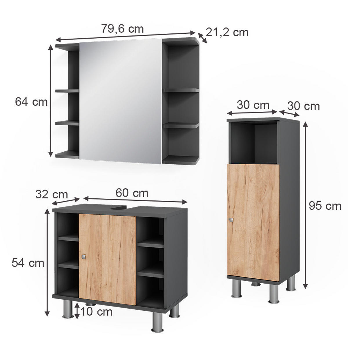 BADMÖBEL-SET Fynn Anthrazit/Goldkraft Eiche 3 Teile mit Midischrank - Honigeiche/Anthrazit, Holzwerkstoff (60/54/32cm) - Vicco
