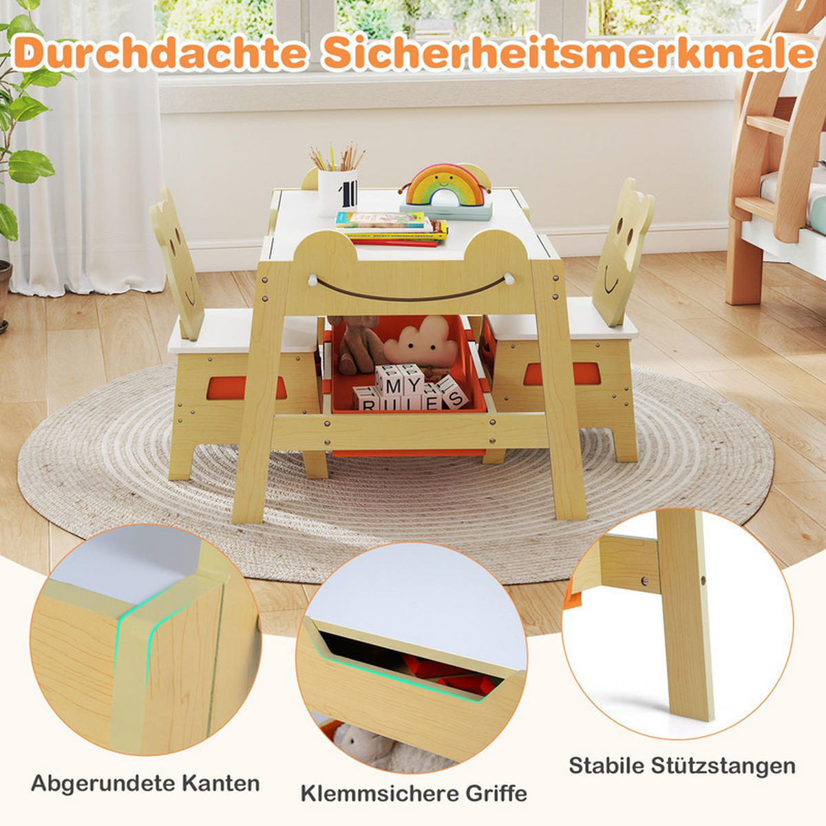 KINDERTISCH mit stuhl natur(3-tlg) - Naturfarben, Holzwerkstoff (70/50/60.5cm) - COSTWAY