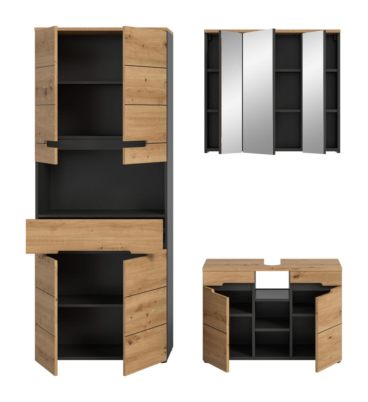 BADKOMBINATION 3tlg. Canu Bad in Basalt grau Nachbildung und Artisan Nachbildung B/H/T: 171x193x34 cm - Eiche Artisan, Holzwerkstoff (171/193/34cm)