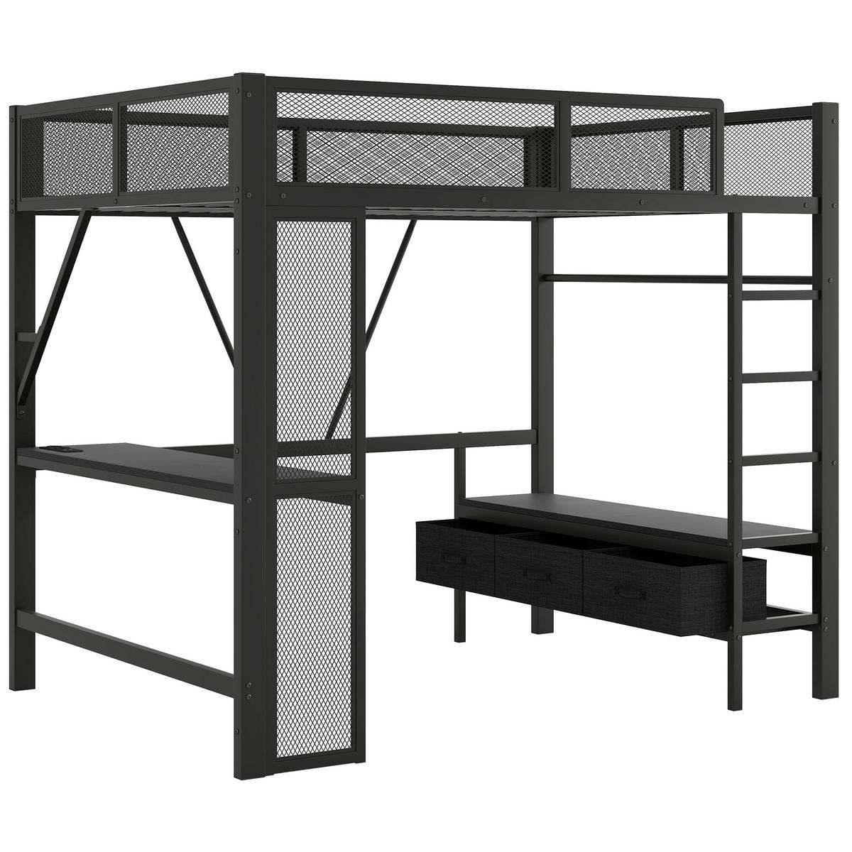 HOCHBETT 140/200 cm aus Metall mit LED-Beleuchtung, USB-Anschluss, Schreibtisch und 3 Schubladen, Schwarz - Schwarz, Holzwerkstoff (140/200cm) - Redom