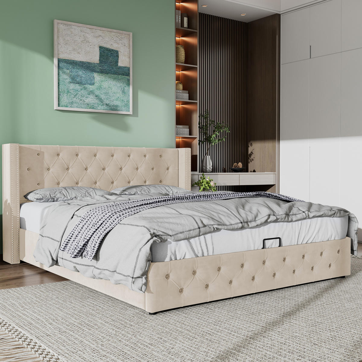 POLSTERBETT 140/200 cm beige mit hydraulischem Bettkasten und Chesterfield-Design - Beige, Textil (140/200cm) - OKWISH