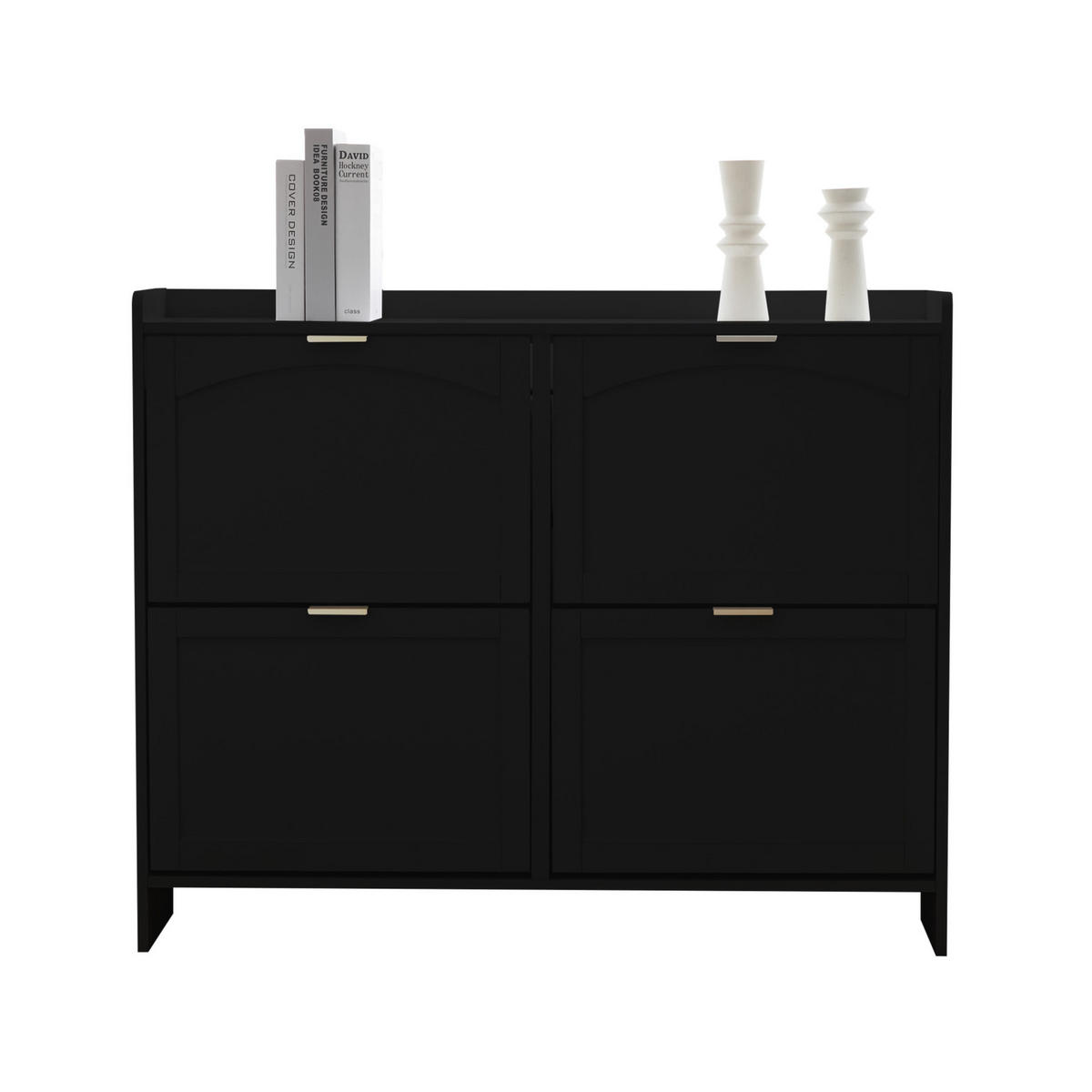 SCHUHSCHRANK 110/24/90 cm mit 4 Klappenfächern, offenen Ablagen und verstellbaren Einlegeböden aus Spanplatte, Schwarz - Schwarz, Holzwerkstoff (110/90/24cm) - Redom