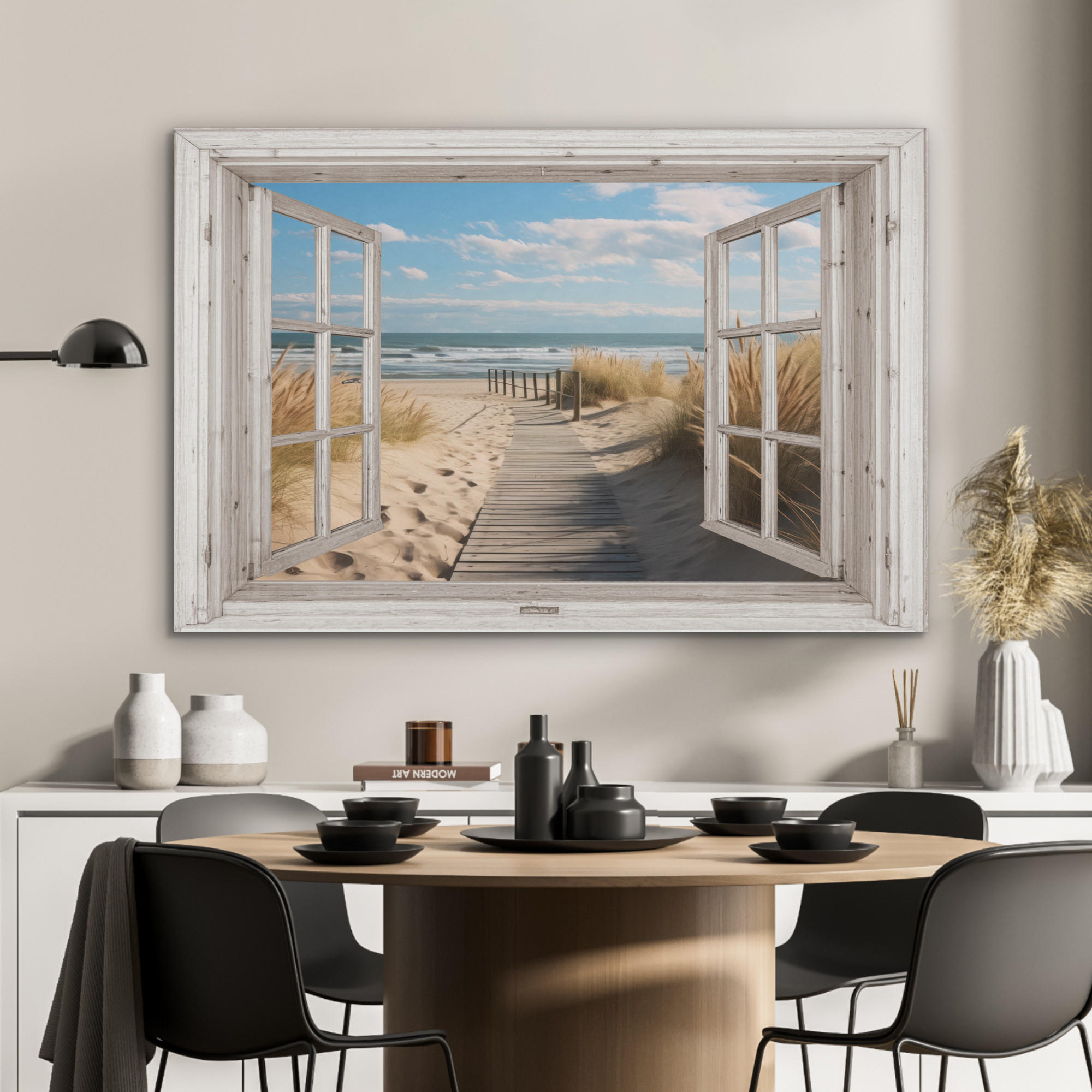 AKUSTIKPANEEL Fenster - Meer - Küste - Natur - Ausblick - Strand - Wattenmeer 100x70 cm - Beige, Textil (100/0.9/70cm) - MuchoWow