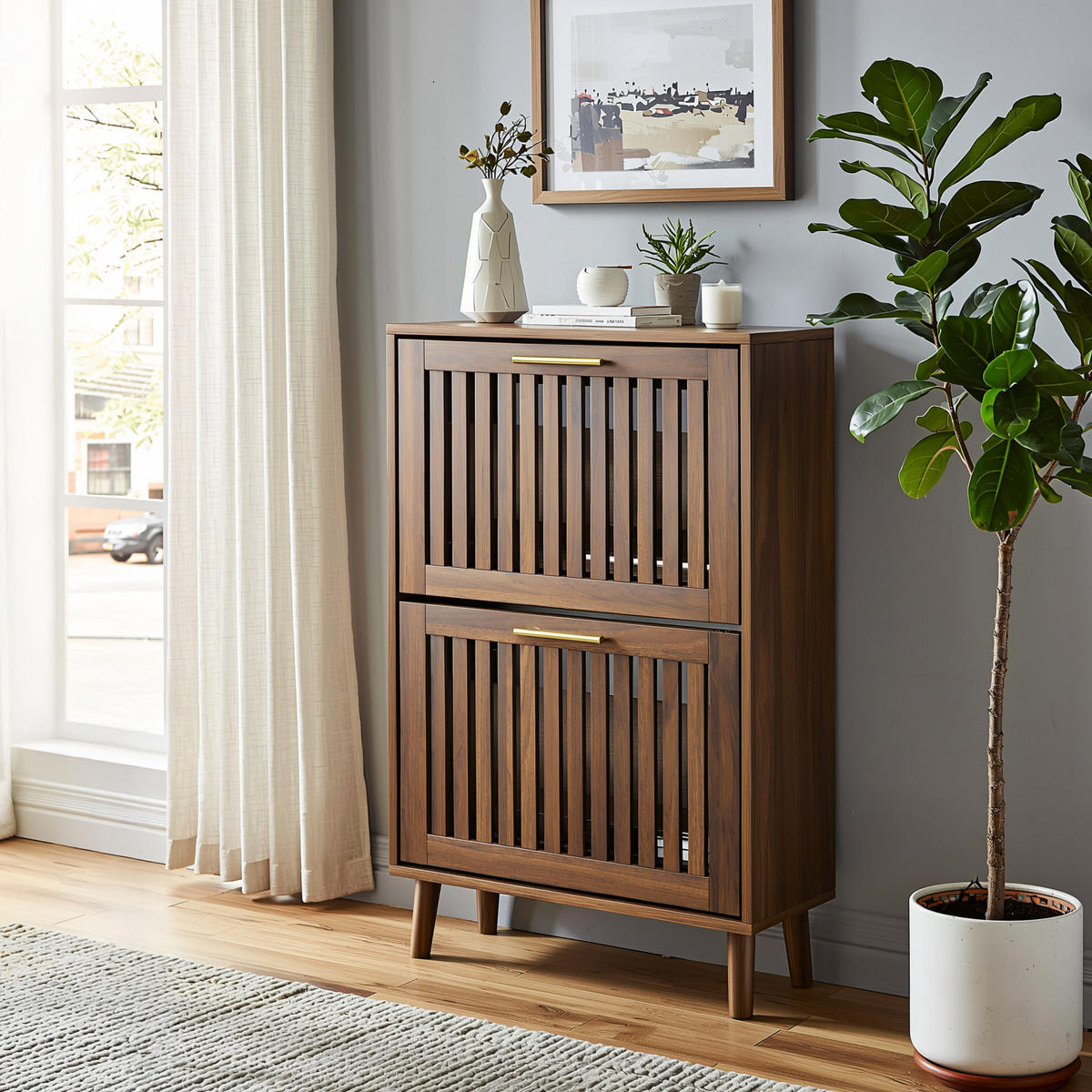 SCHUHSCHRANK 60 cm Walnussoptik mit 2 Klappfächern, offenem Regal und Metallgriff für Flur - Walnussfarben, Holzwerkstoff (60/93/24cm) - Urban Meuble