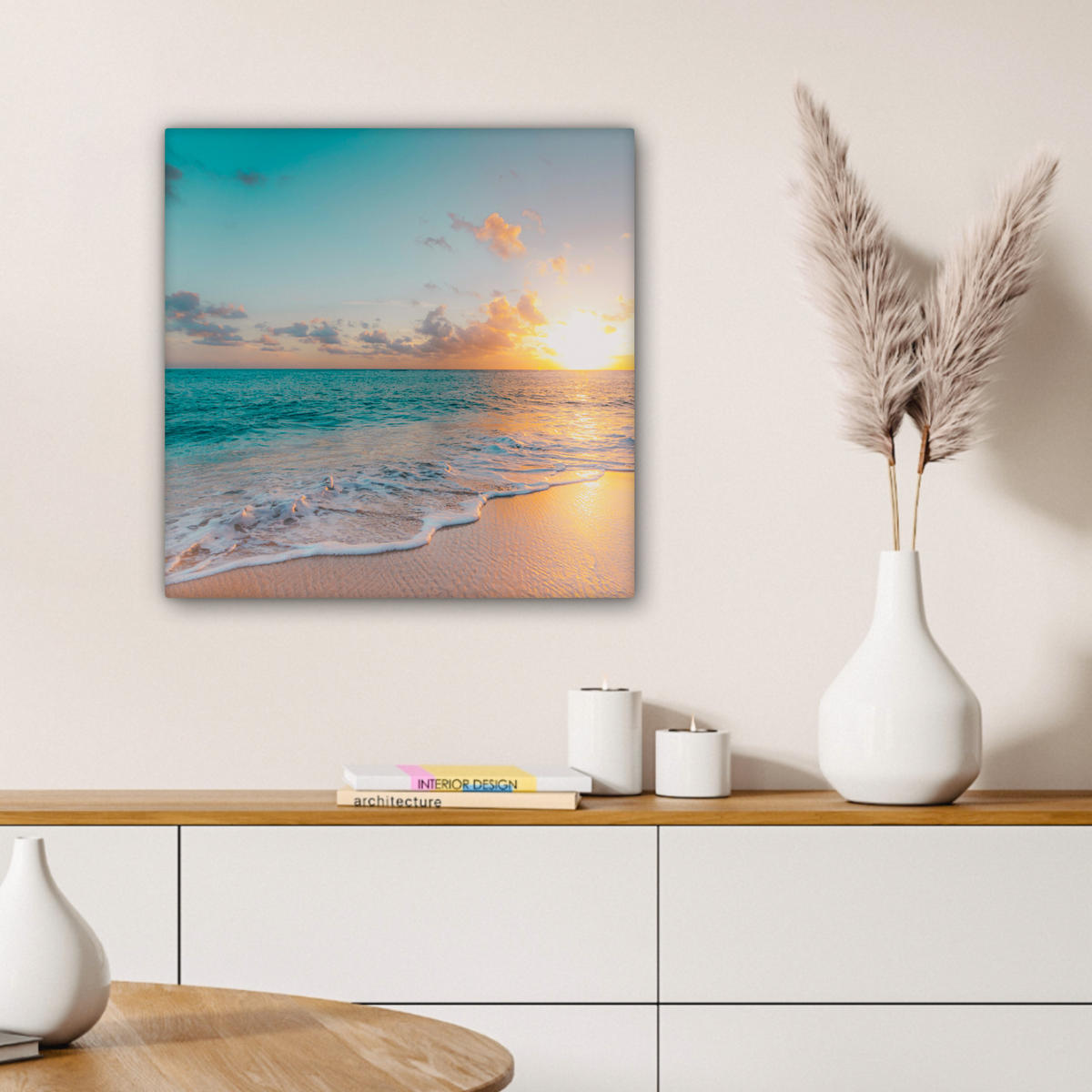 LEINWANDBILD - Sonnenuntergang - Strand - Meer - Sommer - Blau - 50x50 - Room Decor - Multicolor, Textil (50/50cm) - MuchoWow