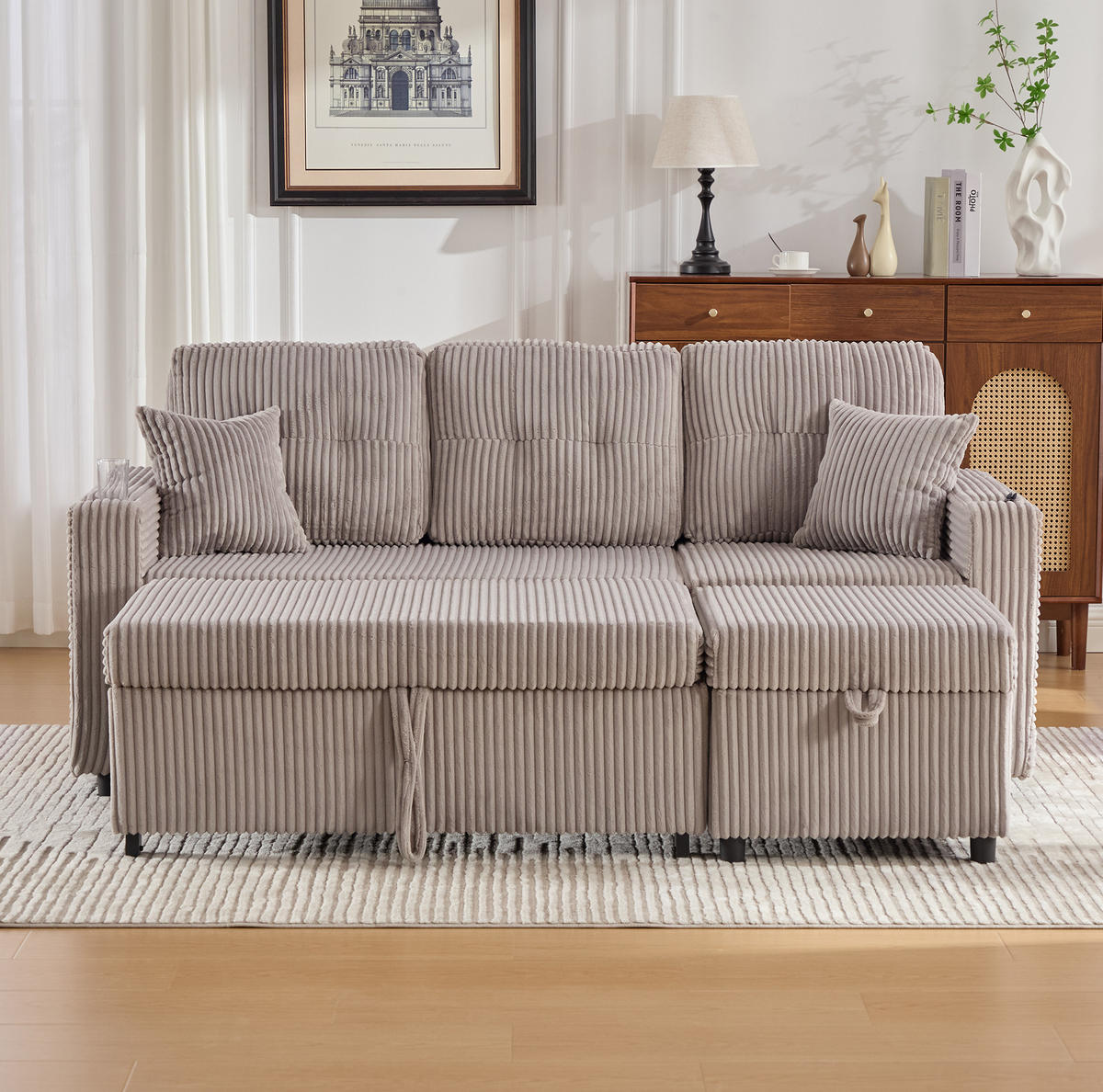 SCHLAFSOFA 196/82-144/85 cm aus Cord mit Stauraum, USB-C und LED-Beleuchtung Hellgrau - Hellgrau, Textil (82/85/196cm) - Modenvie