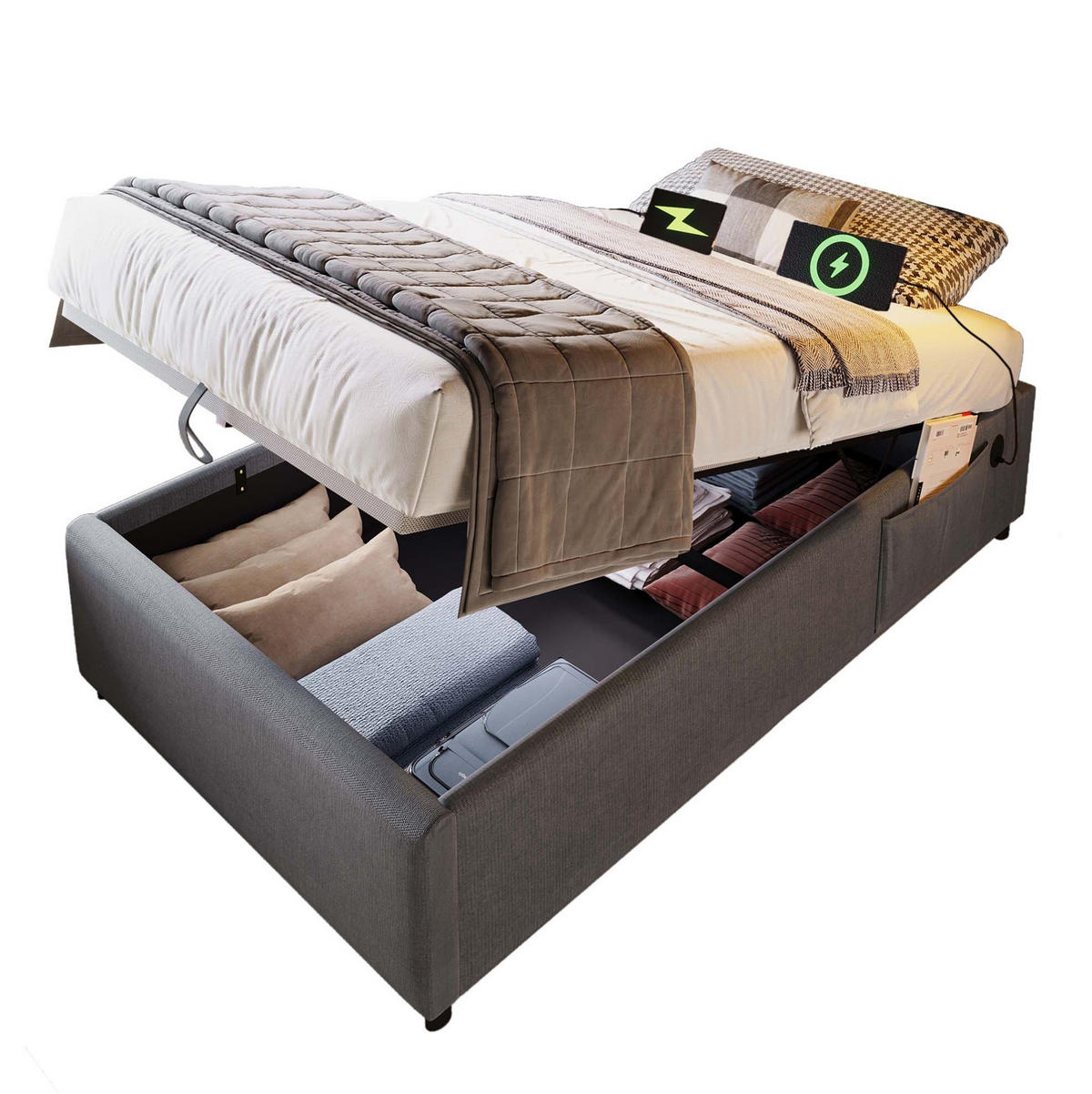 POLSTERBETT aus Baumwoll-Leinen 90x190 cm in Grau mit USB-C & Stauraum - Grau, Textil (90/190cm) - Modfu