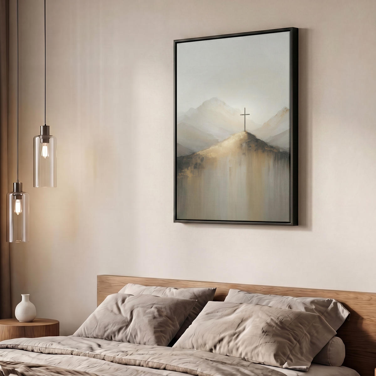 LEINWAND Bilder mit Rahmen - Hügel - Abstrakt - Kreuz - Christentum - 60x80 - Beige, Textil (60/80cm) - MuchoWow