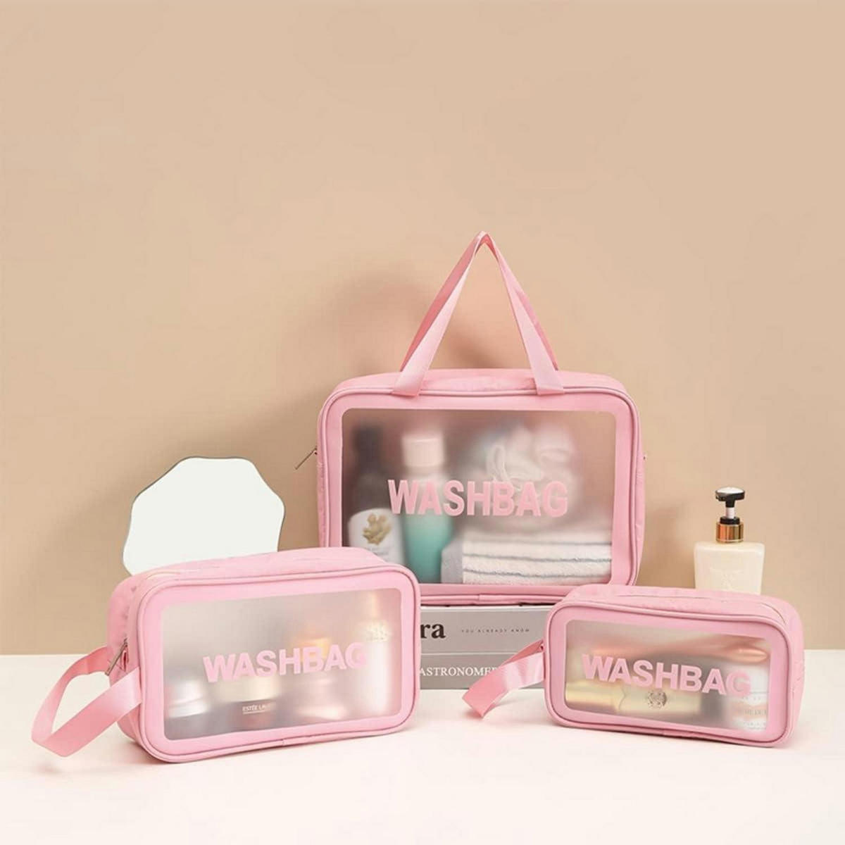 KOSMETIKTASCHE 3-teiliges Set Transparent Rosa - Rosa, Kunststoff (11/211/31cm)