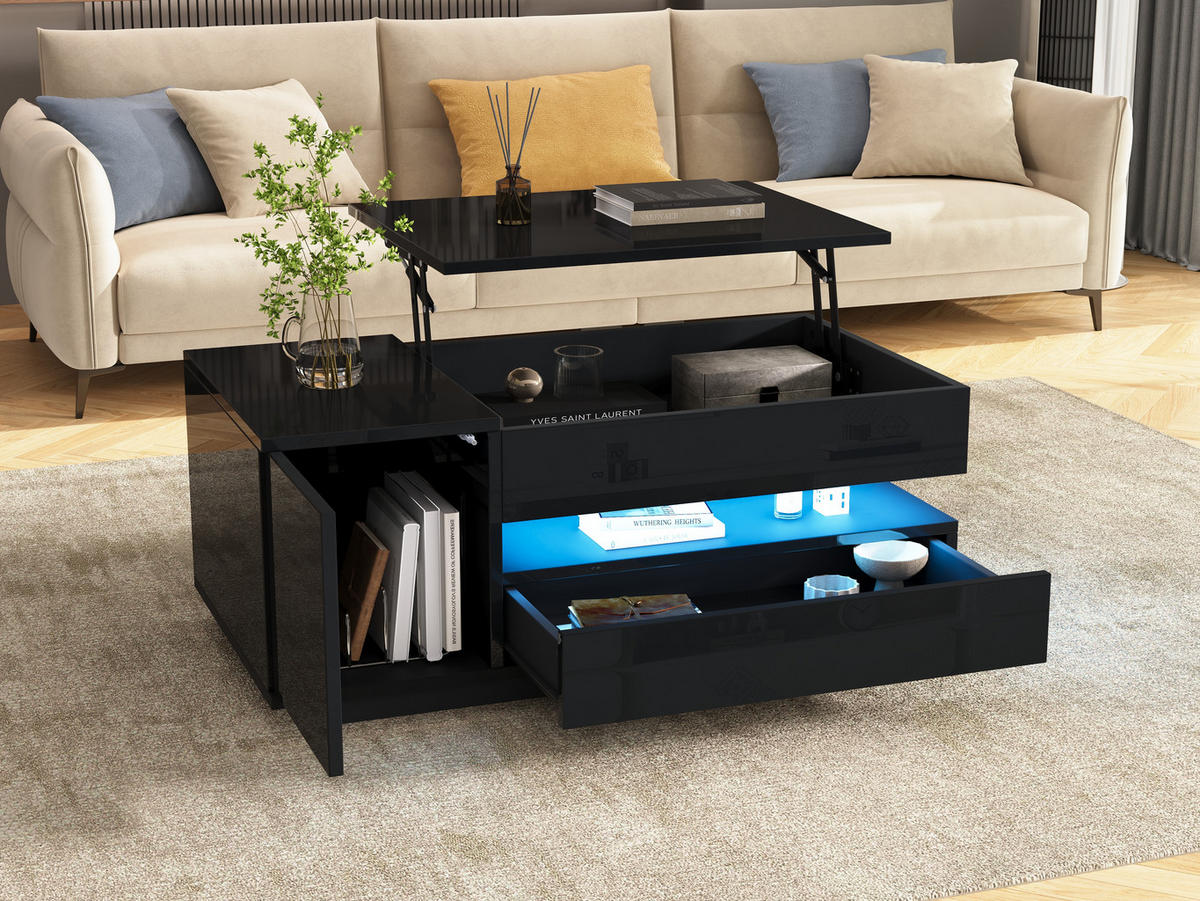 COUCHTISCH 95/50/40 cm Schwarz aus Holzwerkstoff mit Hubfunktion und RGB-LED per App - Schwarz, Holzwerkstoff (95/50/40cm) - OKWISH