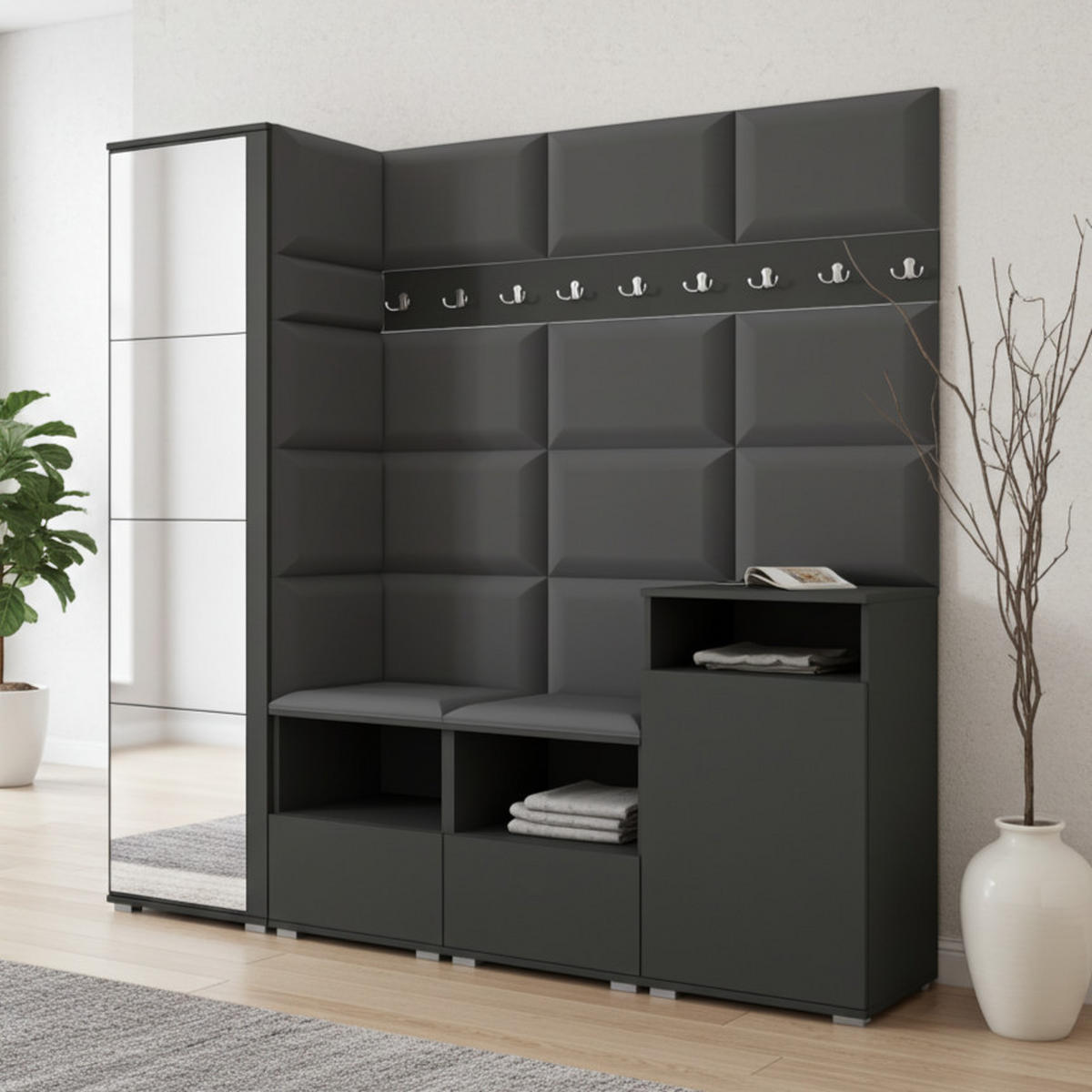 GARDEROBE NELA X 200 cm (Modulare Flurmöbel Graphit mit Spiegel & Sitzpolster Dunkelgrau 15 Schrank + Sideboard) - Dunkelgrau/Silberfarben, Holz/Holzwerkstoff (200/187/40cm) - Ravio