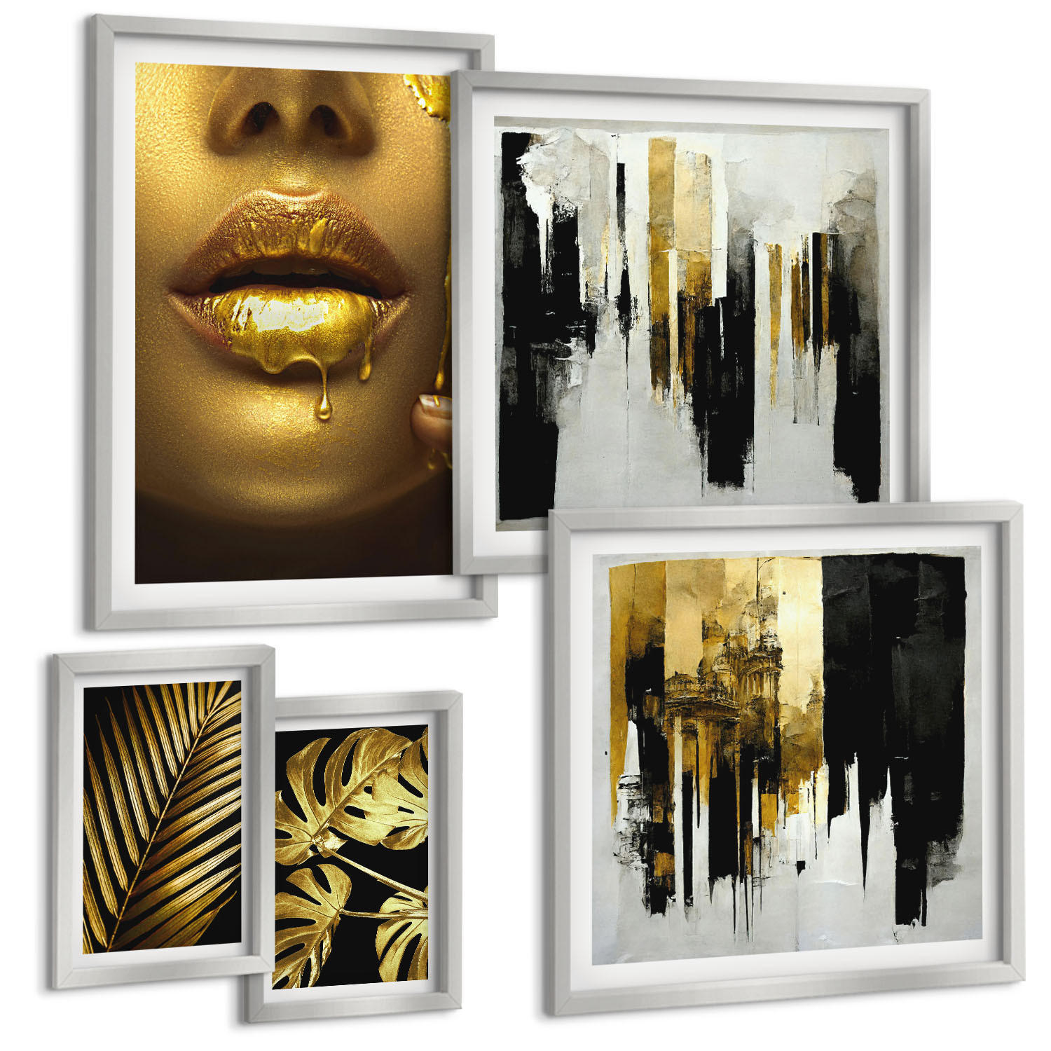 BILDER SET 5er Set - 50x50 cm & 20x30 cm & 40x60 cm Silberner Rahmen - Sonnenuntergangsbrücke Landschaft - Silberfarben, Kunststoff (40/60cm) - TULUP