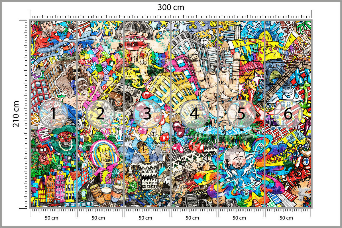 FOTOTAPETE für Jugendzimmer Buntes Graffiti Streetart Bunt 300x210 - Türkis/Gelb, Papier (300/210cm) - Muralo