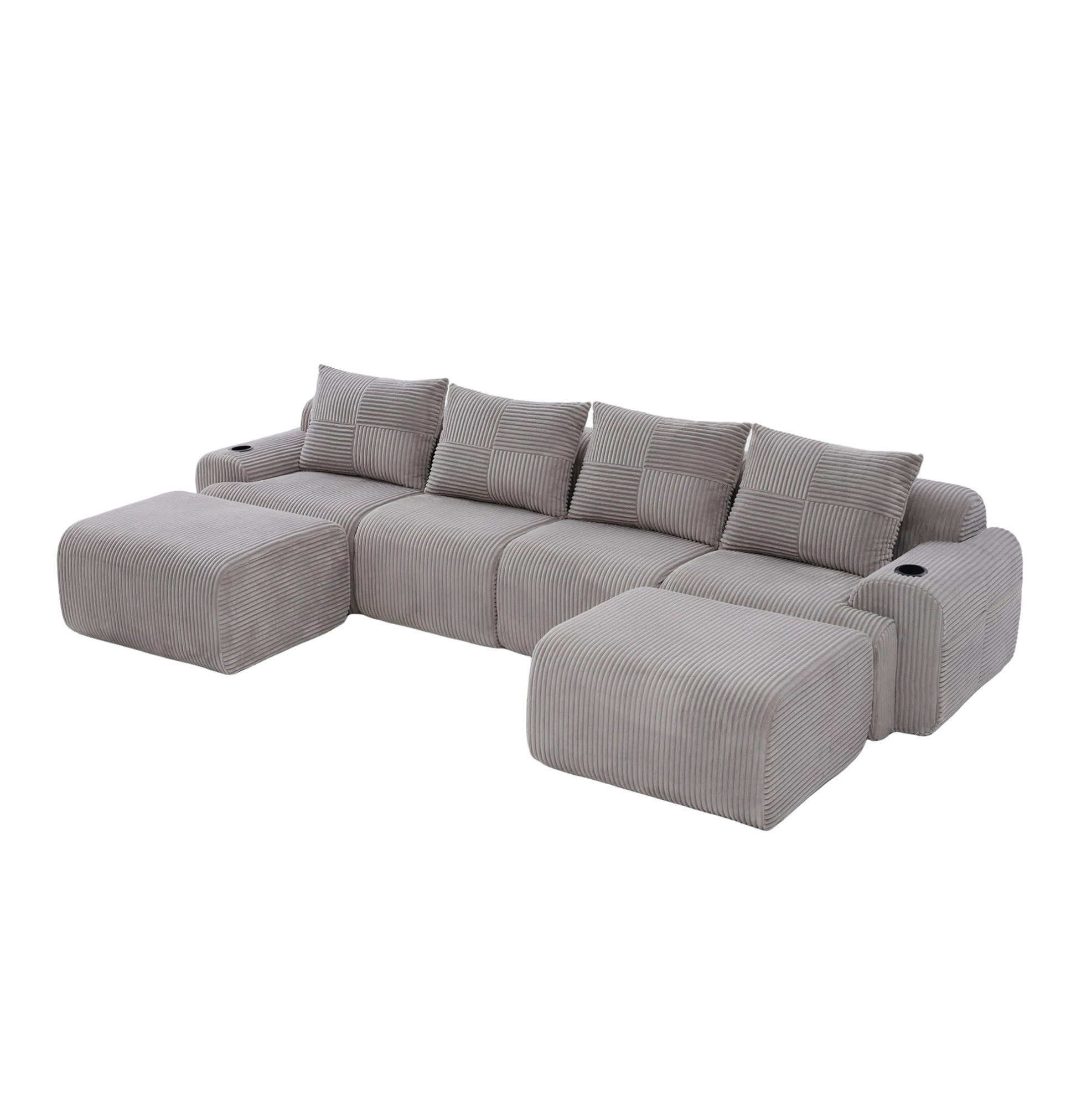 MODULARES Sofa 333/174/80 cm in Hellgrau mit 2 Hockern und Getränkehalter - Hellgrau, Textil (174/80/333cm) - Flora Grace